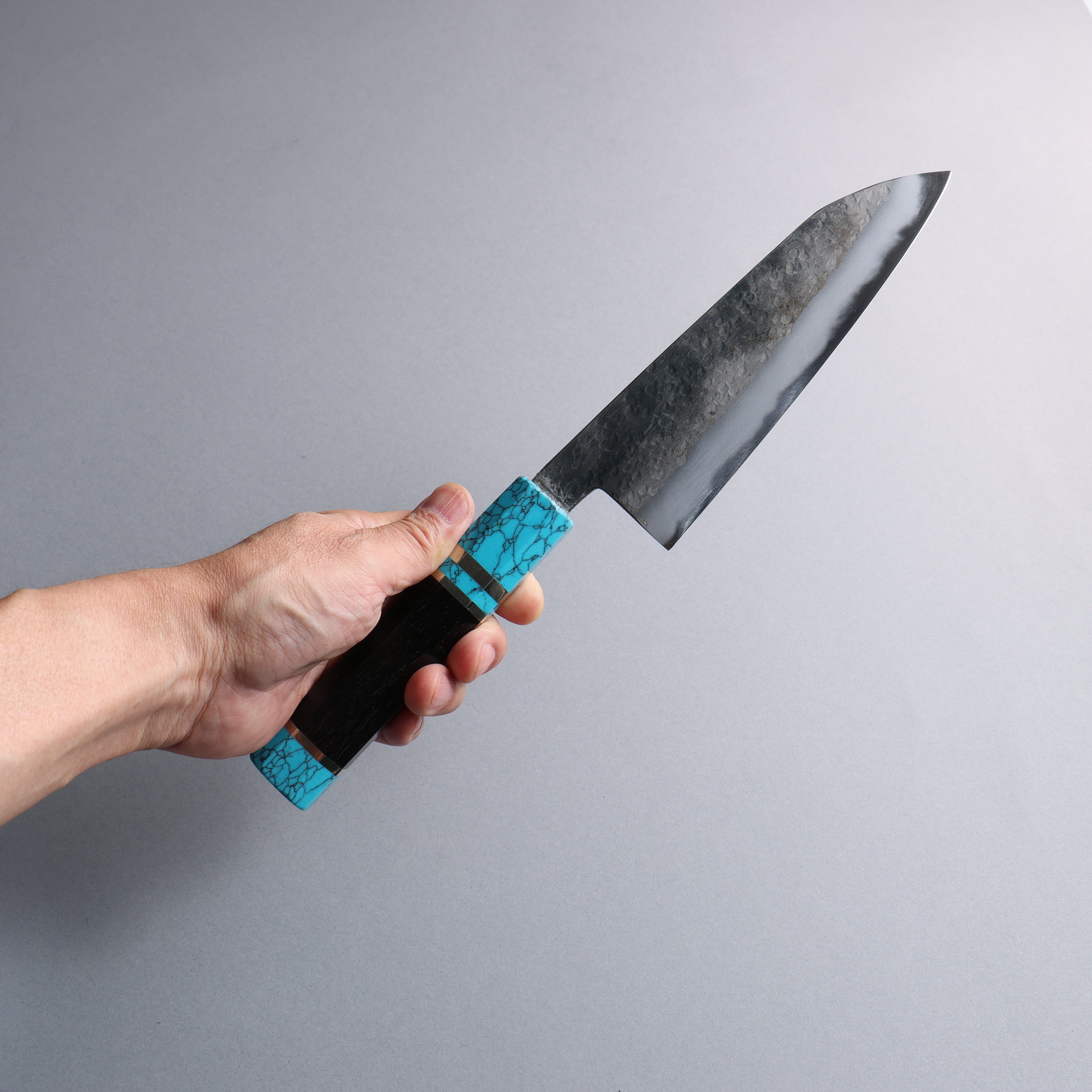 Daisuke Nishida White Steel No.1 Hammered Santoku 165mm Rosewood with Siver Rngs and Blue turquoise Ferrule and End Cap Handle - Japanny - Best Japanese Knife