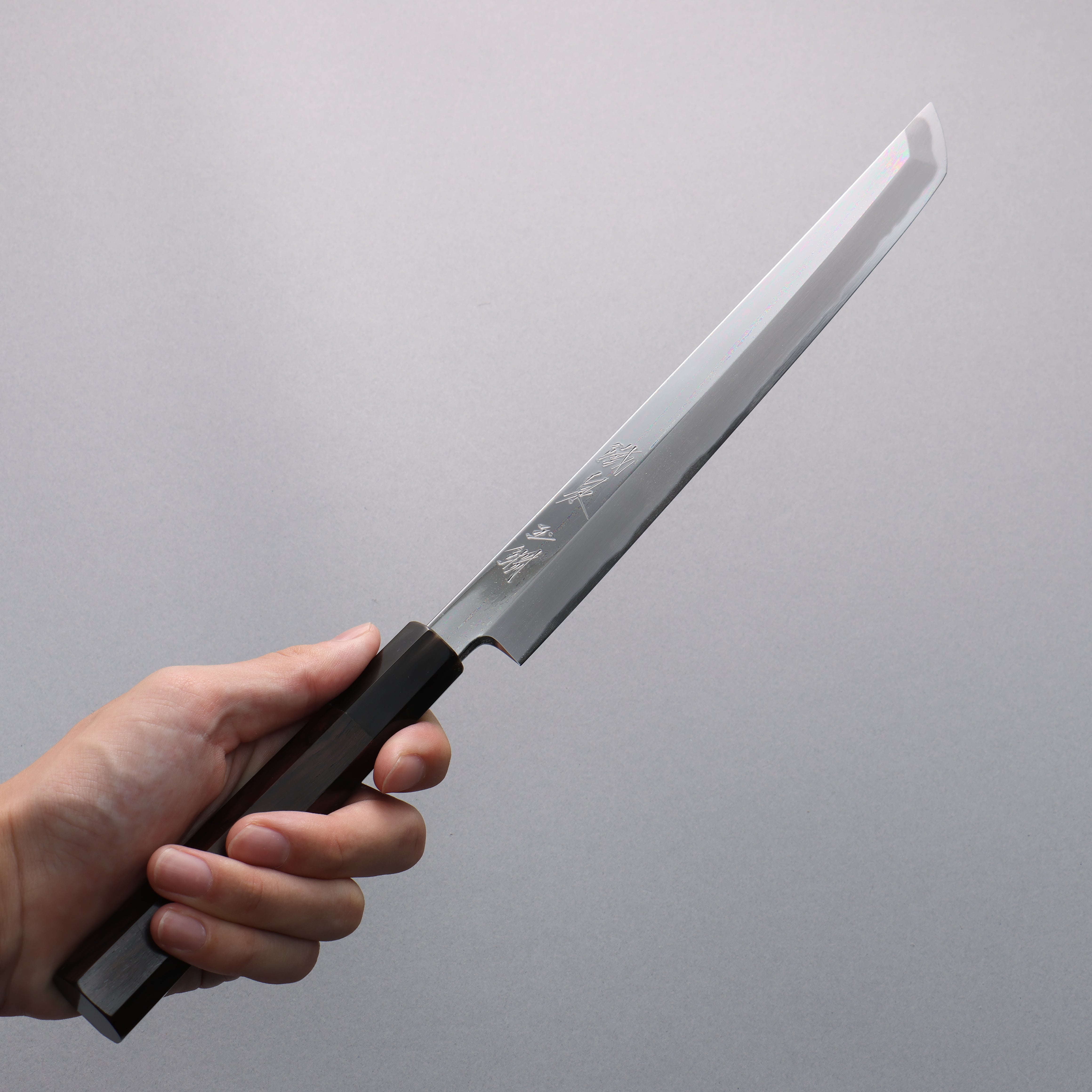 Tessen by Tanaka Tamahagane Mirrored Finish Sakimaru Yanagiba 240mm Ebony Wood Handle with Sheath - Japanny - Best Japanese Knife