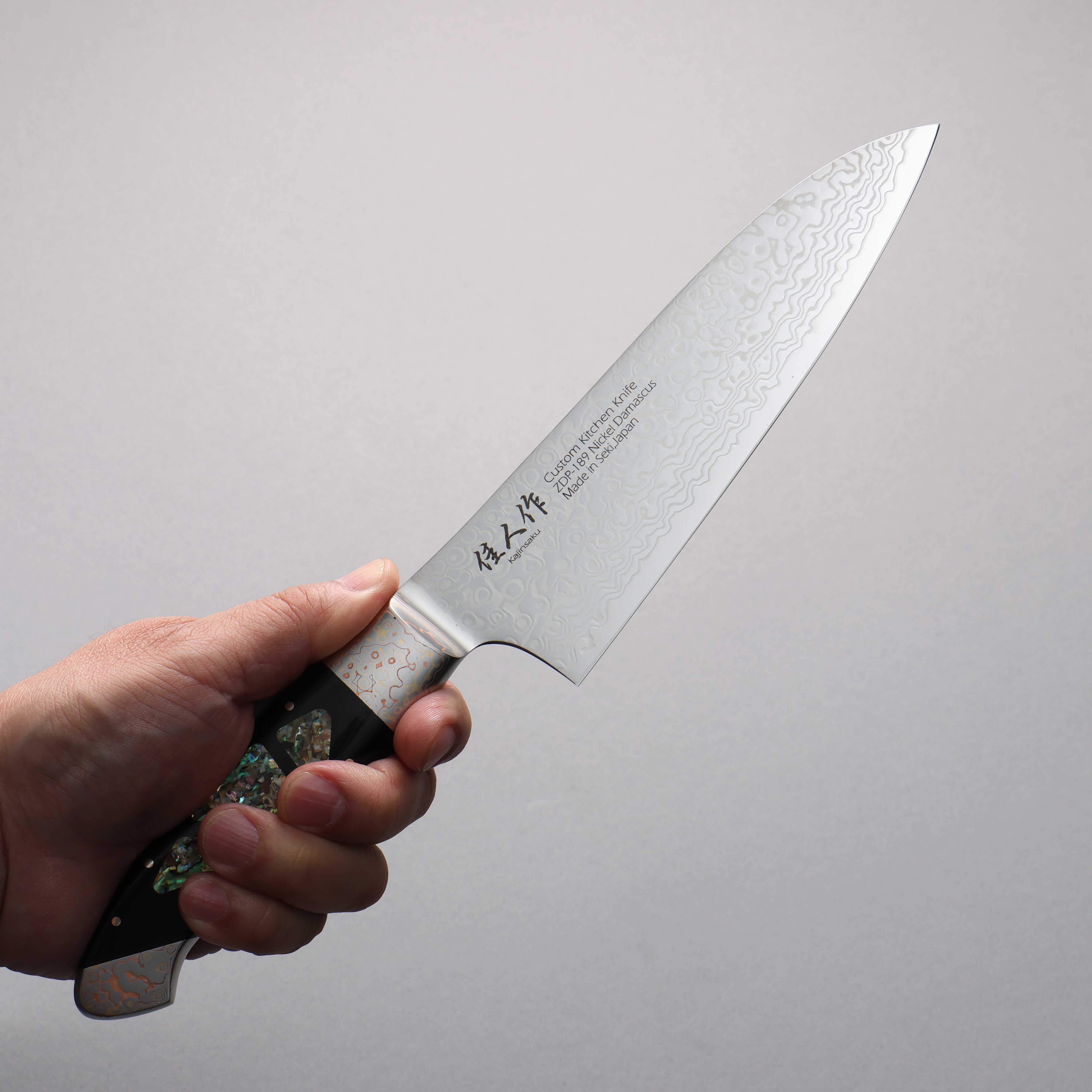 Kajin ZDP189 Damascus Migaki Finished Santoku 165mm Abalone Inlay Handle - Japanny - Best Japanese Knife