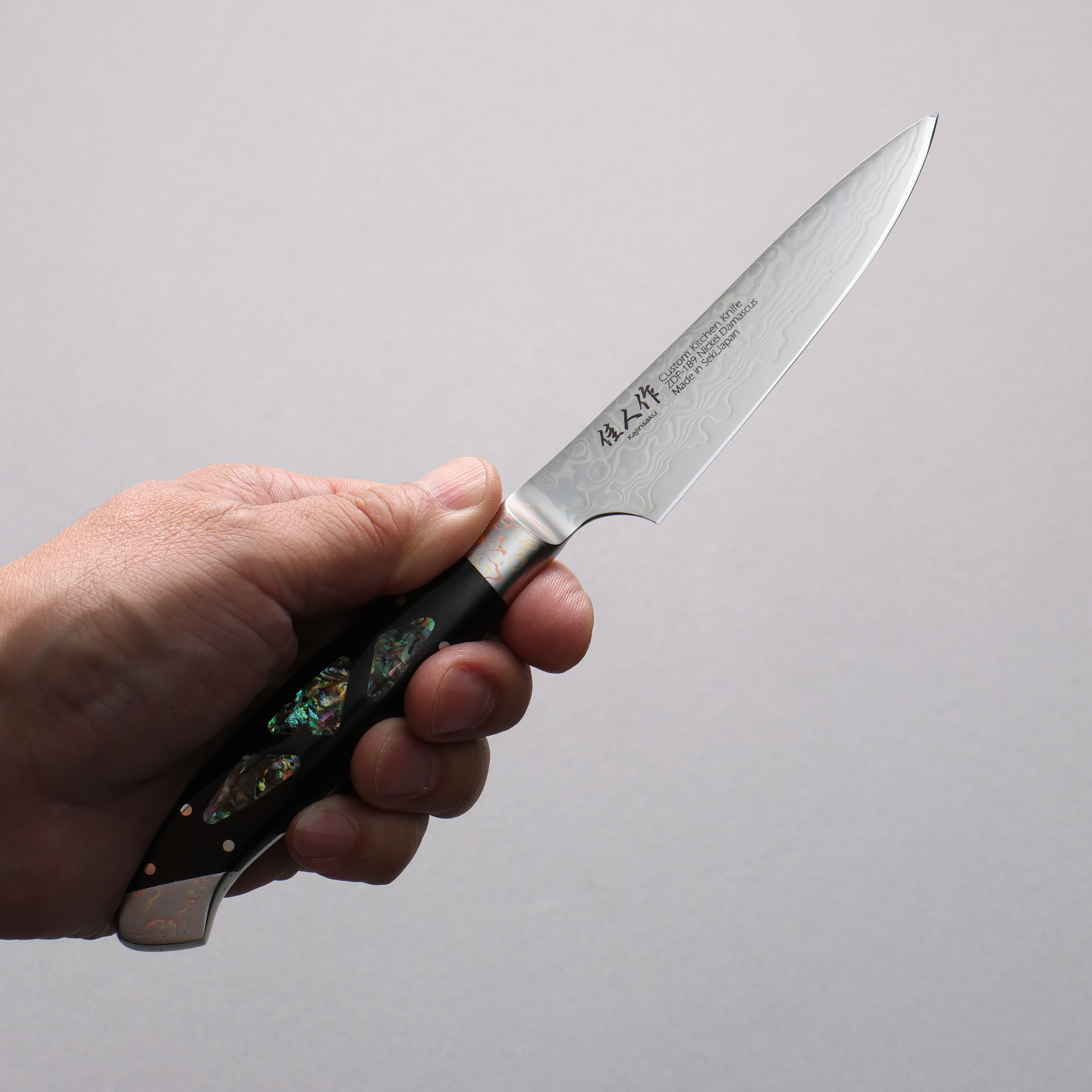Kajin ZDP189 Damascus Migaki Finished Petty-Utility 95mm Abalone Inlay Handle - Japanny - Best Japanese Knife
