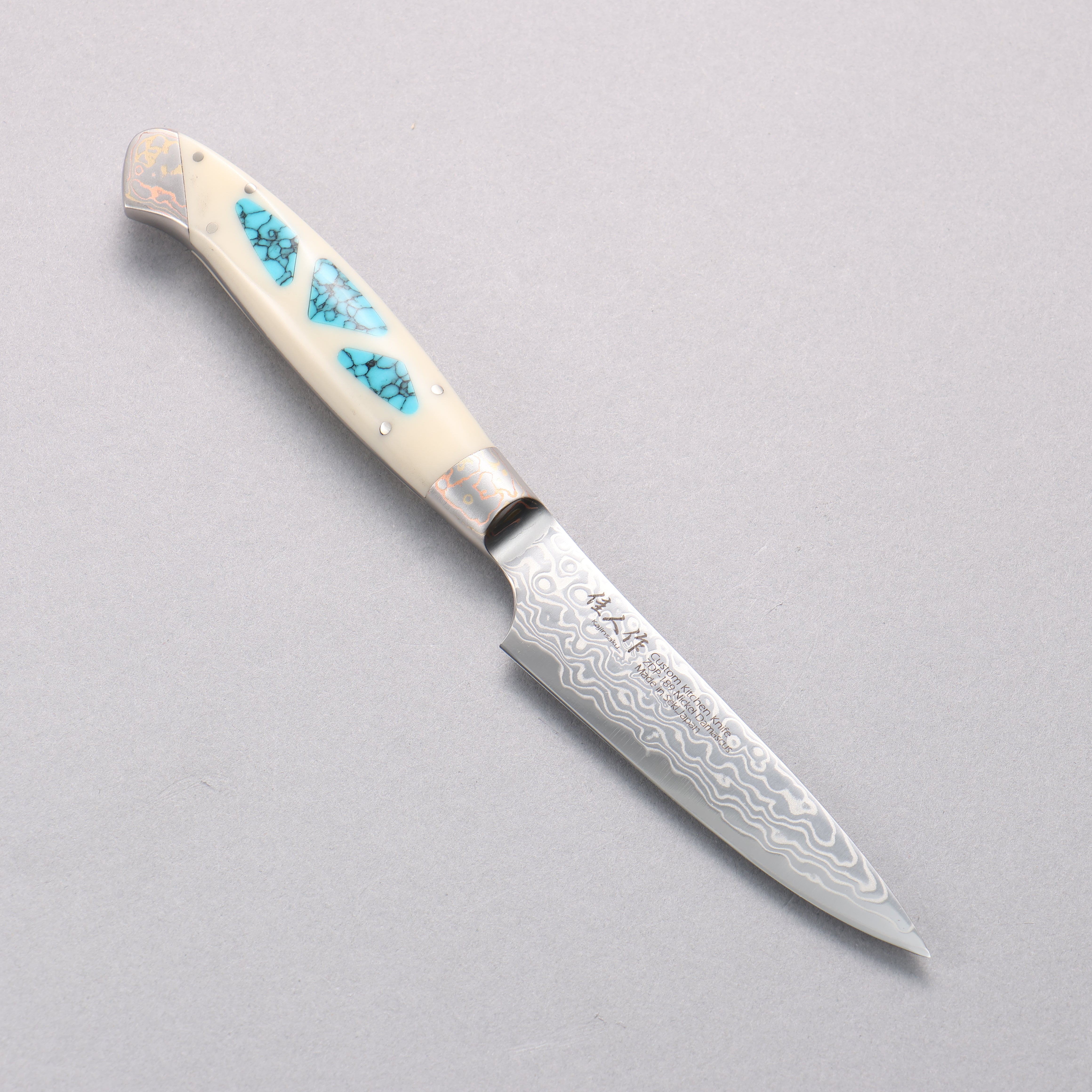 Kajin ZDP189 Damascus Migaki Finished Petty-Utility 95mm Corian with Turquoise Inlay Handle - Japanny - Best Japanese Knife