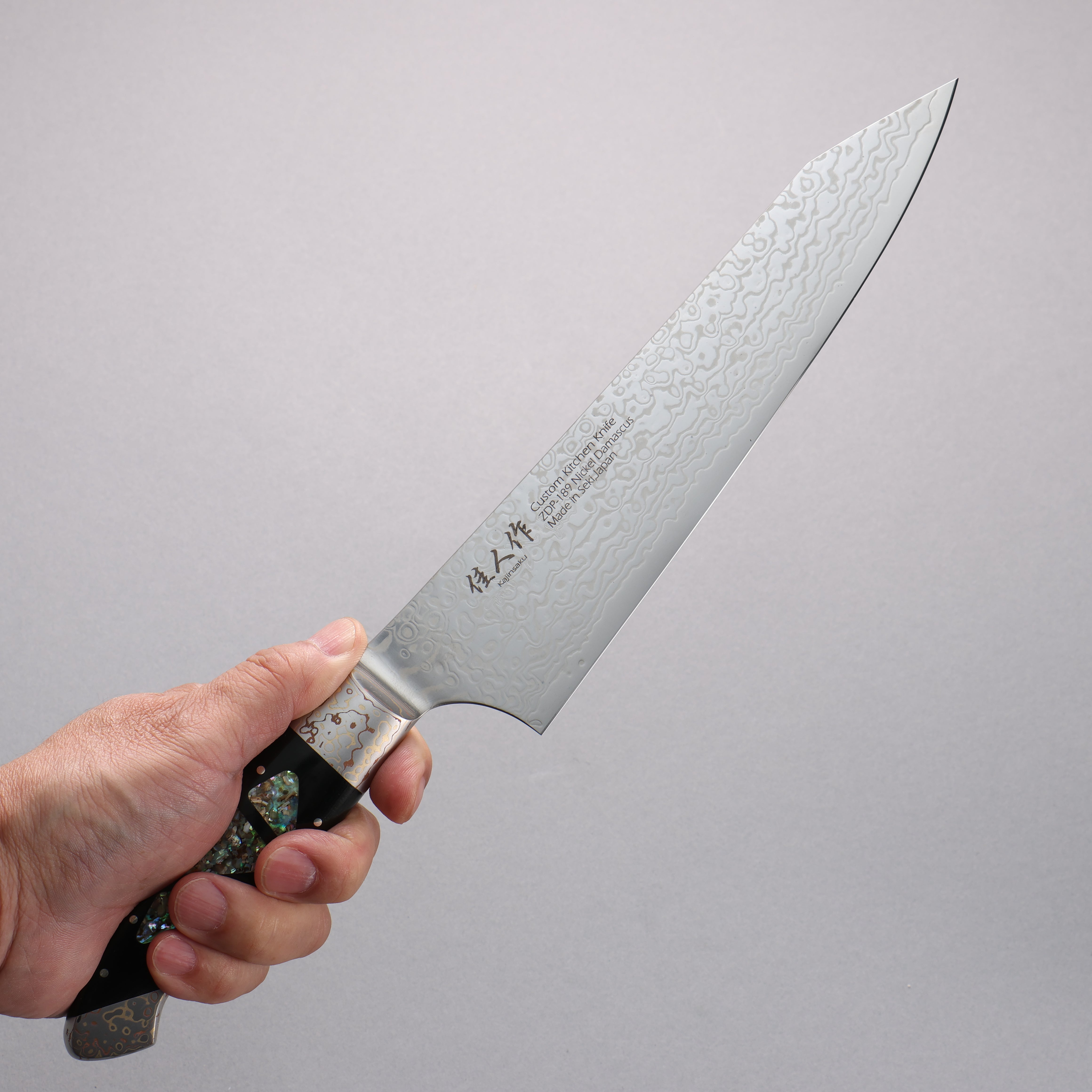 Kajin ZDP189 Damascus Migaki Finished Kiritsuke Gyuto 210mm Abalone Inlay Handle - Japanny - Best Japanese Knife