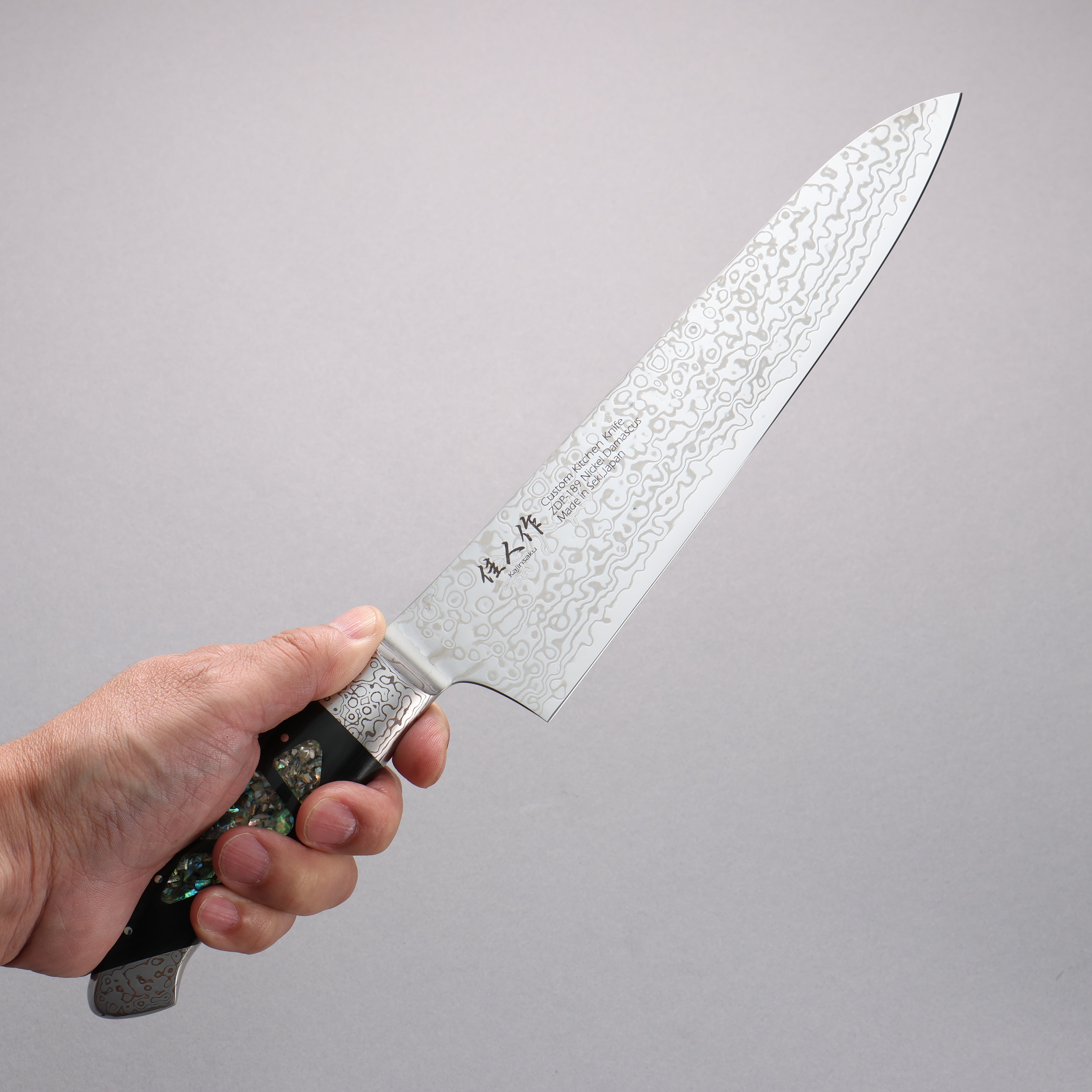 Kajin ZDP189 Damascus Migaki Finished Gyuto 210mm Abalone Inlay Handle - Japanny - Best Japanese Knife