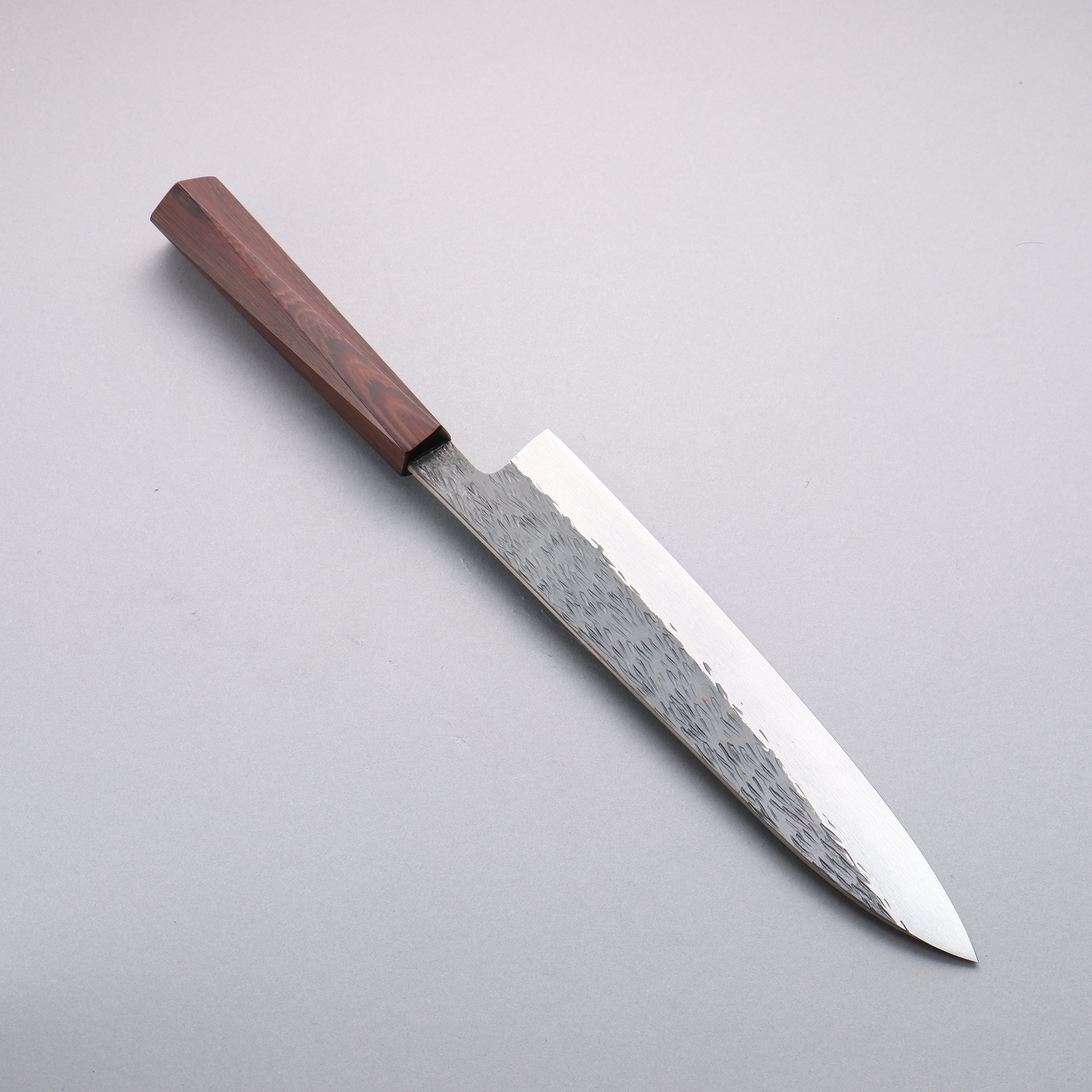 Isamitsu Abe Blue Super Hammered Black Finished Gyuto 240mm Purple Bombay Black Wood (Pentagonal) Handle - Japanny - Best Japanese Knife