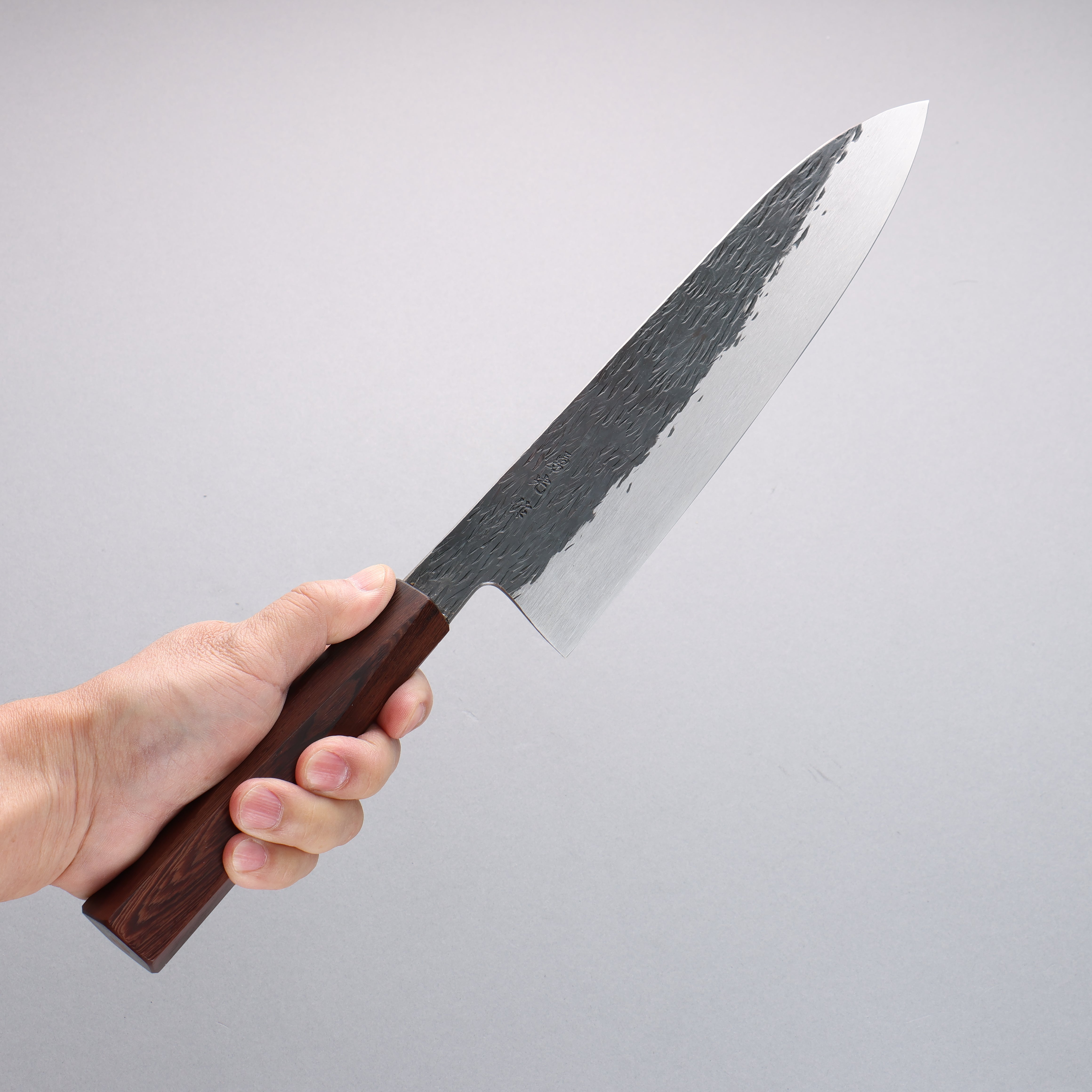 Isamitsu Abe Blue Super Hammered Black Finished Gyuto 240mm Purple Bombay Black Wood (Pentagonal) Handle - Japanny - Best Japanese Knife