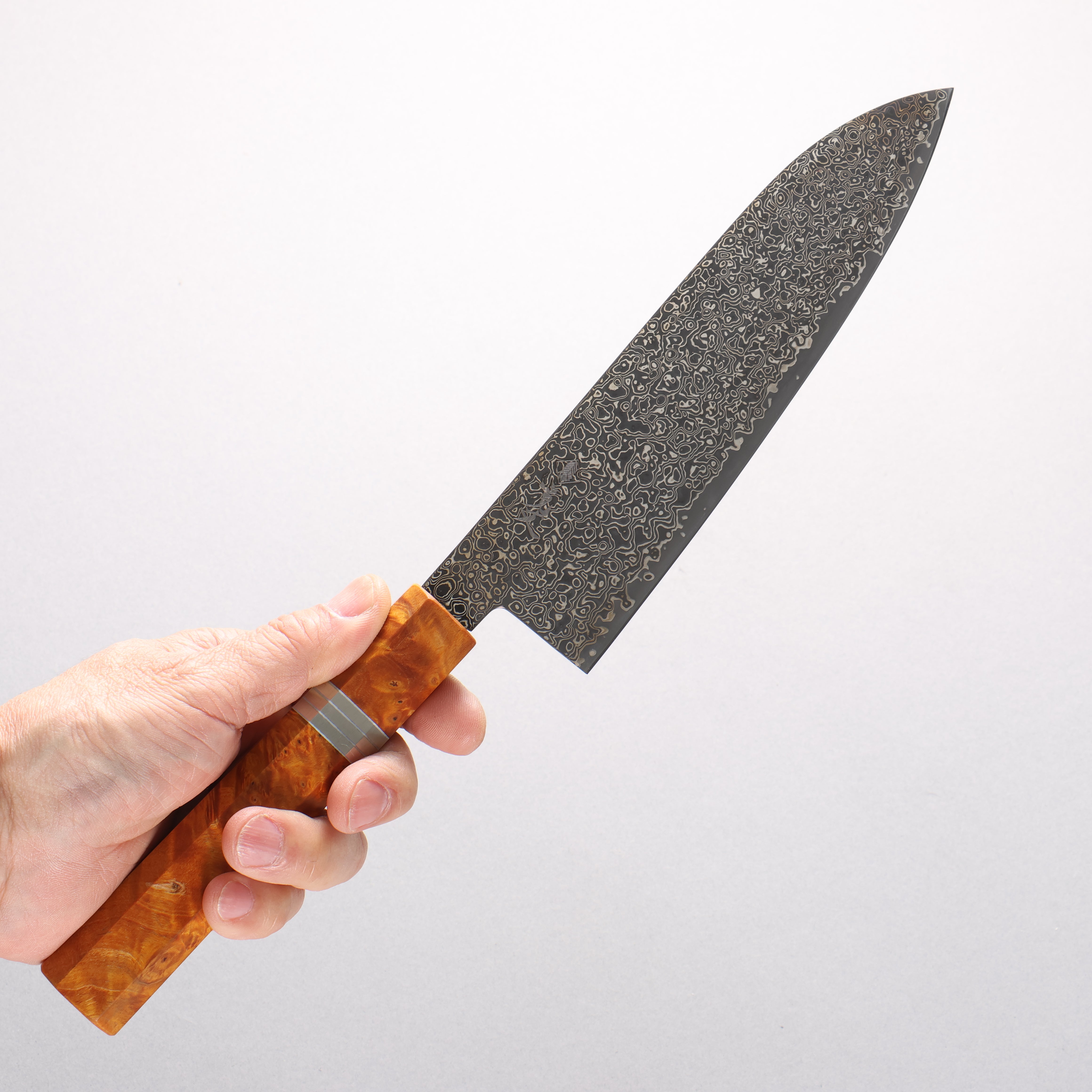 Kanjyo SG2 Black Damascus Santoku 180mm Brown Stabilized Wood (Silver Rings) Handle - Japanny - Best Japanese Knife