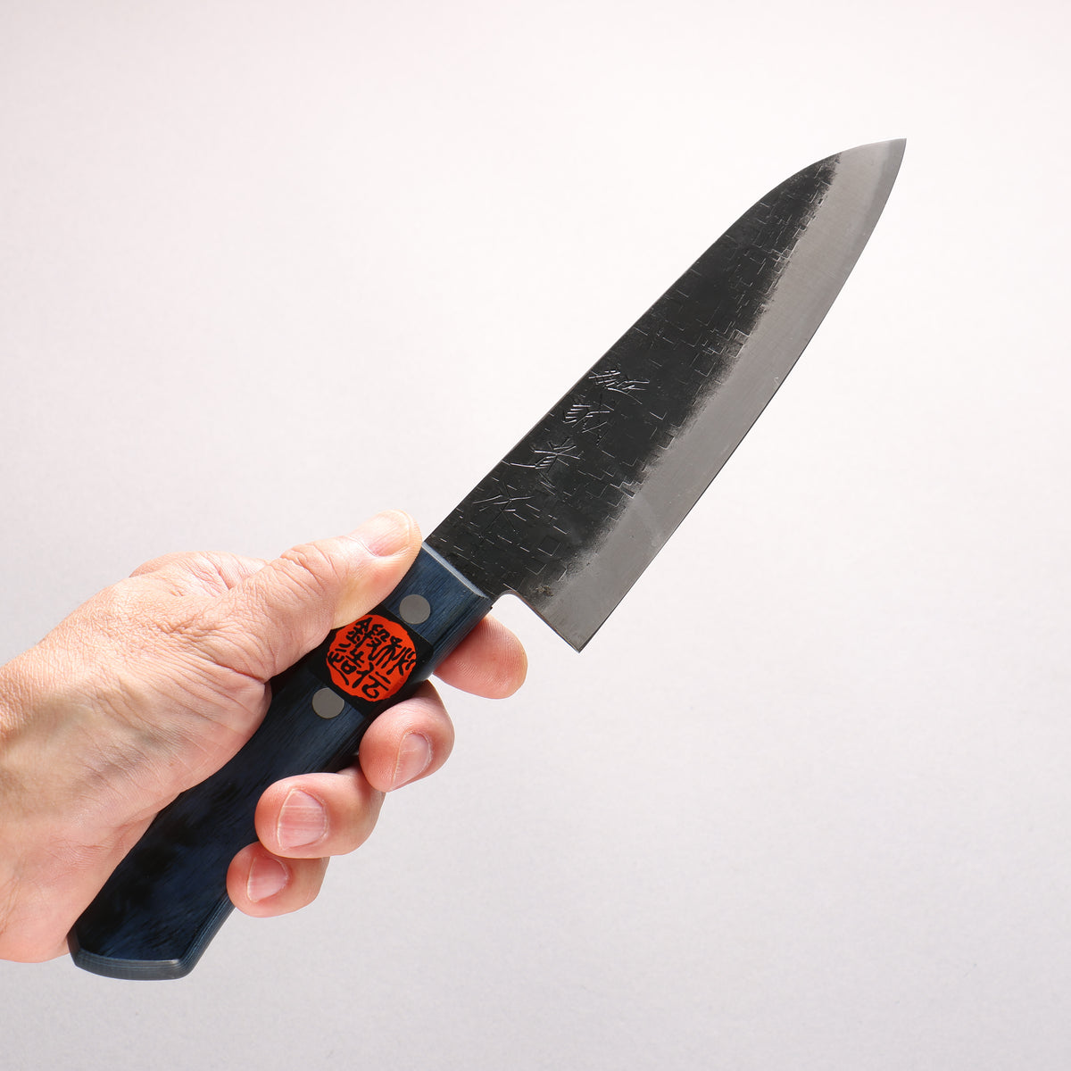 Shigeki Tanaka Blue Steel No.2 Black Finished Hammered(square) Small Santoku 150mm Blue Pakka wood Handle - Japanny - Best Japanese Knife