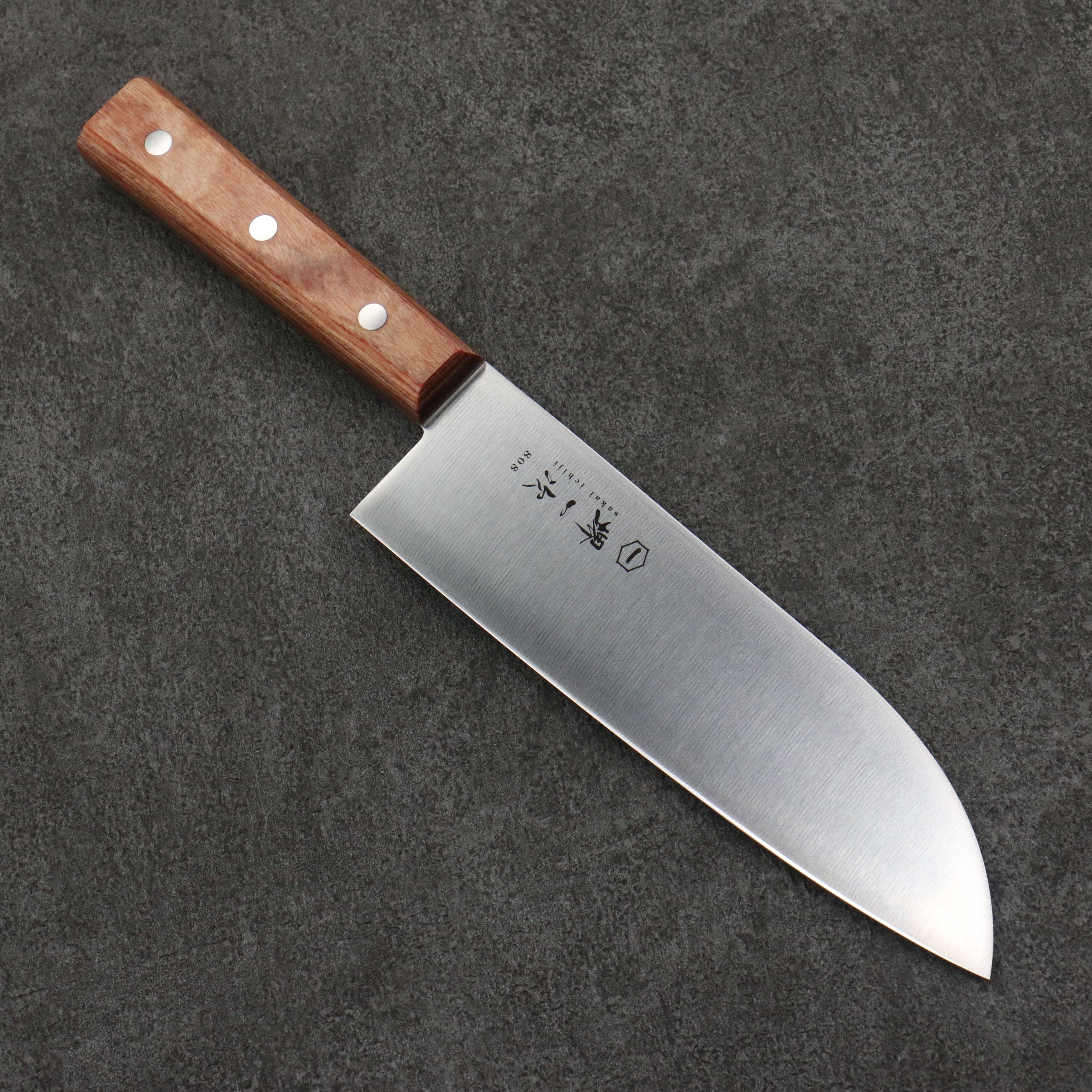 Sakai Ichiji 808 steel Clamshell Shaped Profile Santoku 180mm Light Brown Pakka wood Handle - Japanny - Best Japanese Knife