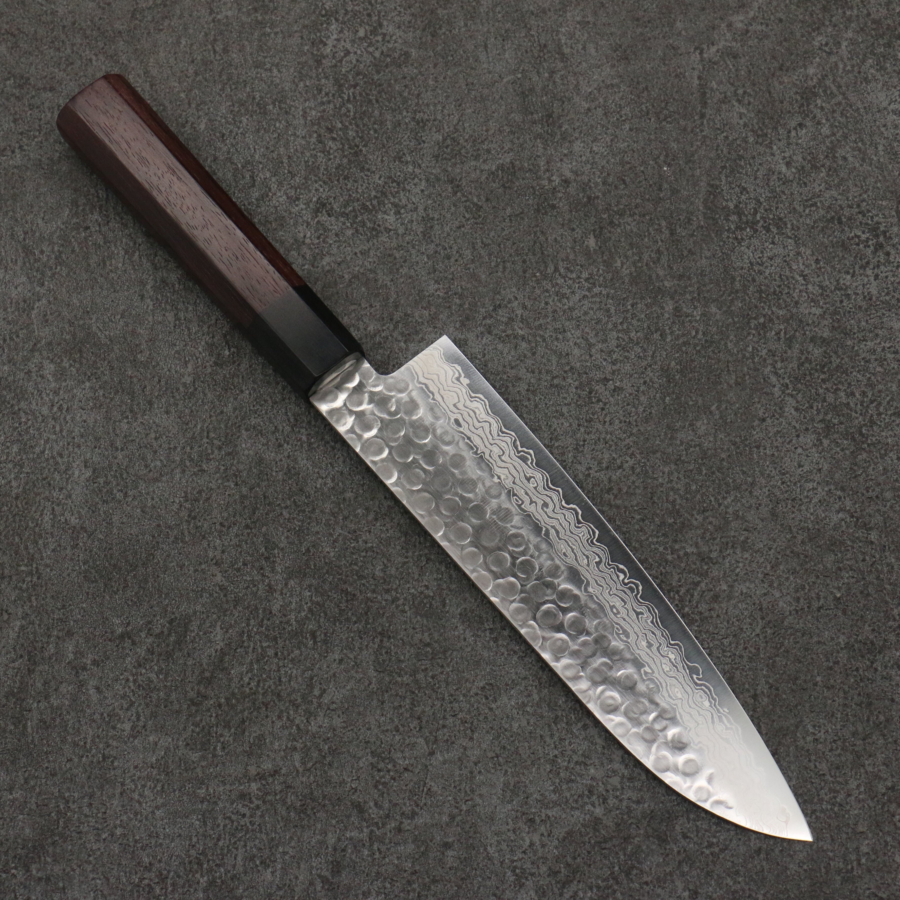 Oul AUS10 Hammered Damascus Santoku 180mm Rosewood Handle - Japanny - Best Japanese Knife