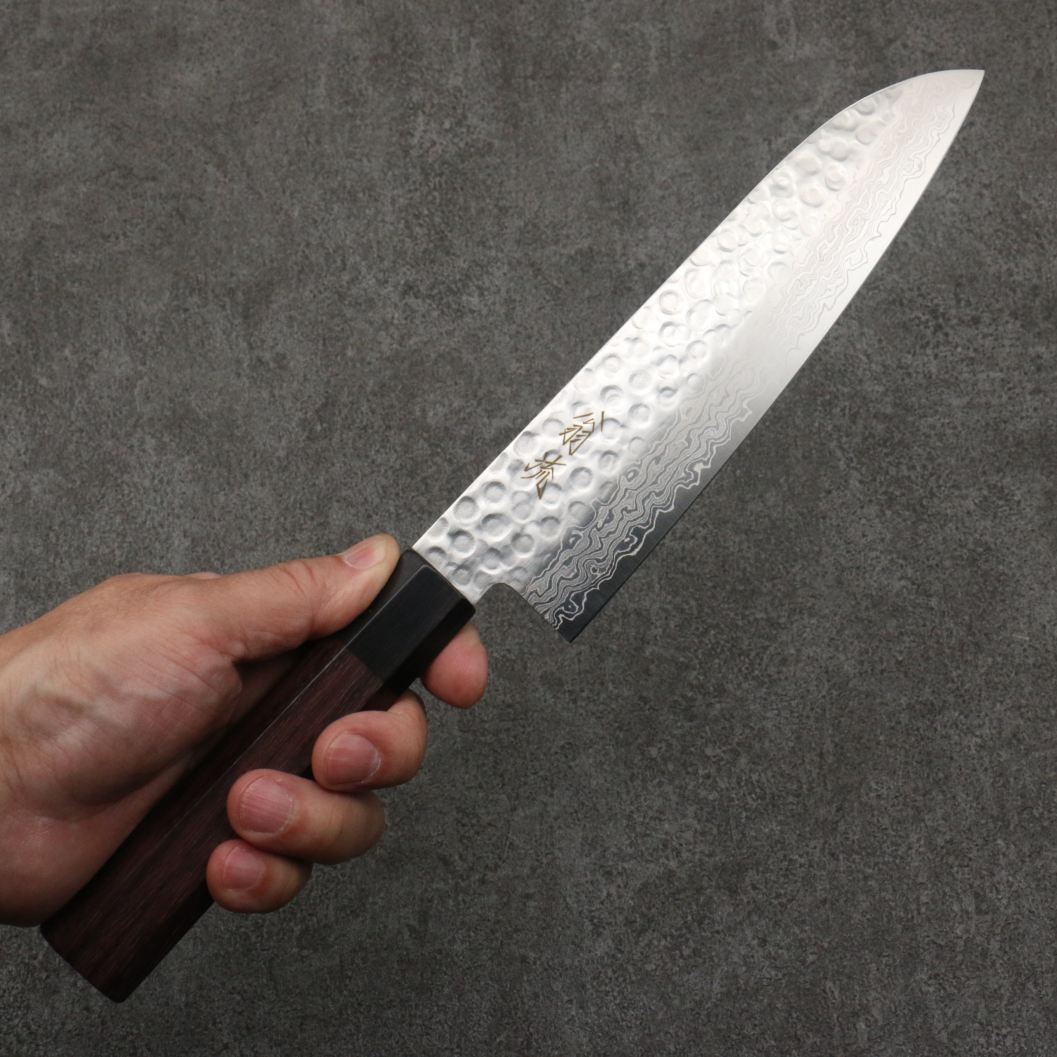 Oul AUS10 Hammered Damascus Santoku 180mm Rosewood Handle - Japanny - Best Japanese Knife