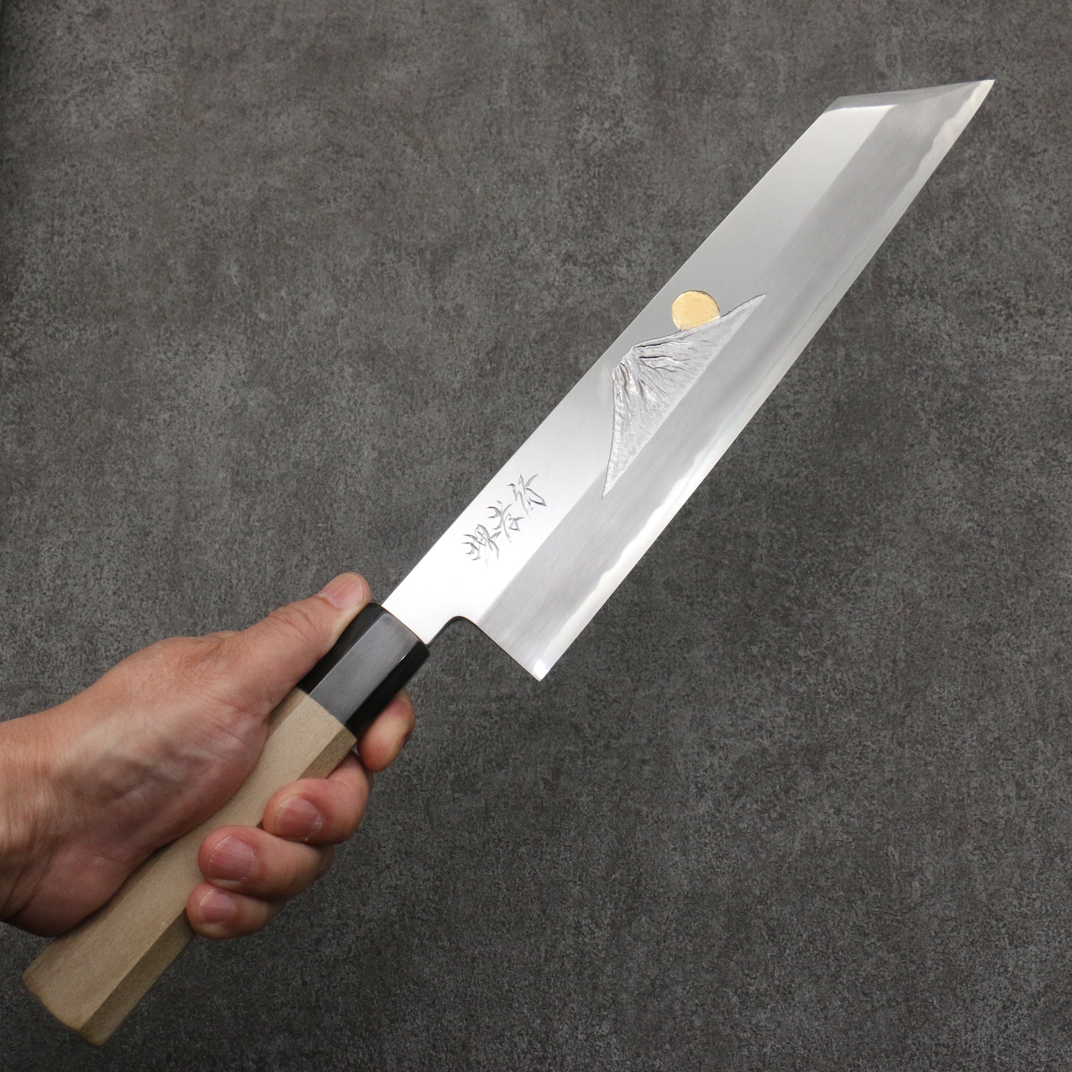 Sakai Takayuki Gold Filled Engraving by Kubota Fuji and Sunset Blue Steel No.2 Kiritsuke Gyuto 270mm Magnolia (Ferrule: Water Buffalo Horn) Handle - Japanny - Best Japanese Knife