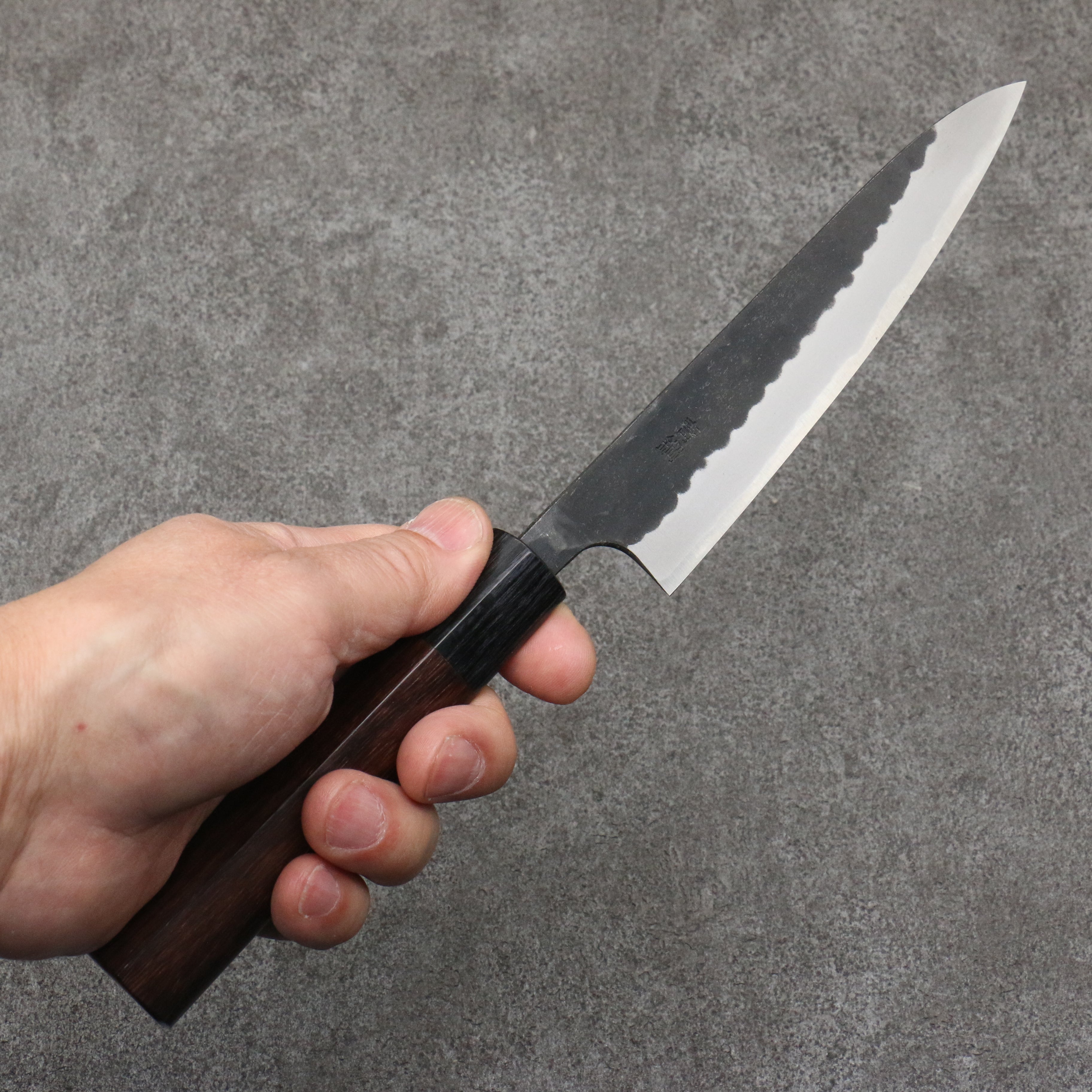 Nao Yamamoto Blue Steel Kurouchi Petty-Utility 135mm Shitan (ferrule: Black Pakka wood) Handle - Japanny - Best Japanese Knife