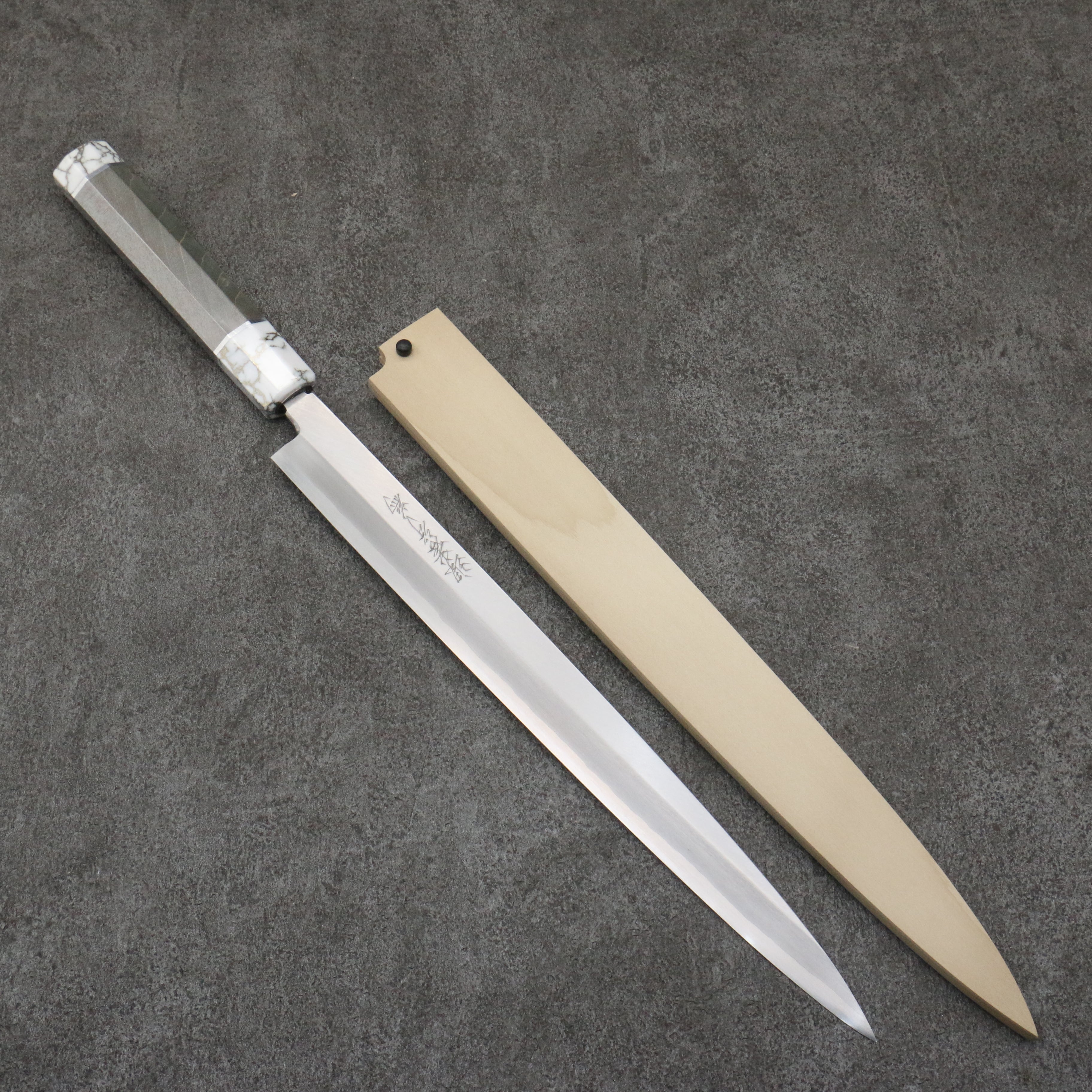 Sakai Takayuki Chef Series Silver Steel No.3 Fuguhiki 300mm Stabilized wood (White Ferrule and End Cap) Handle with Sheath - Japanny - Best Japanese Knife