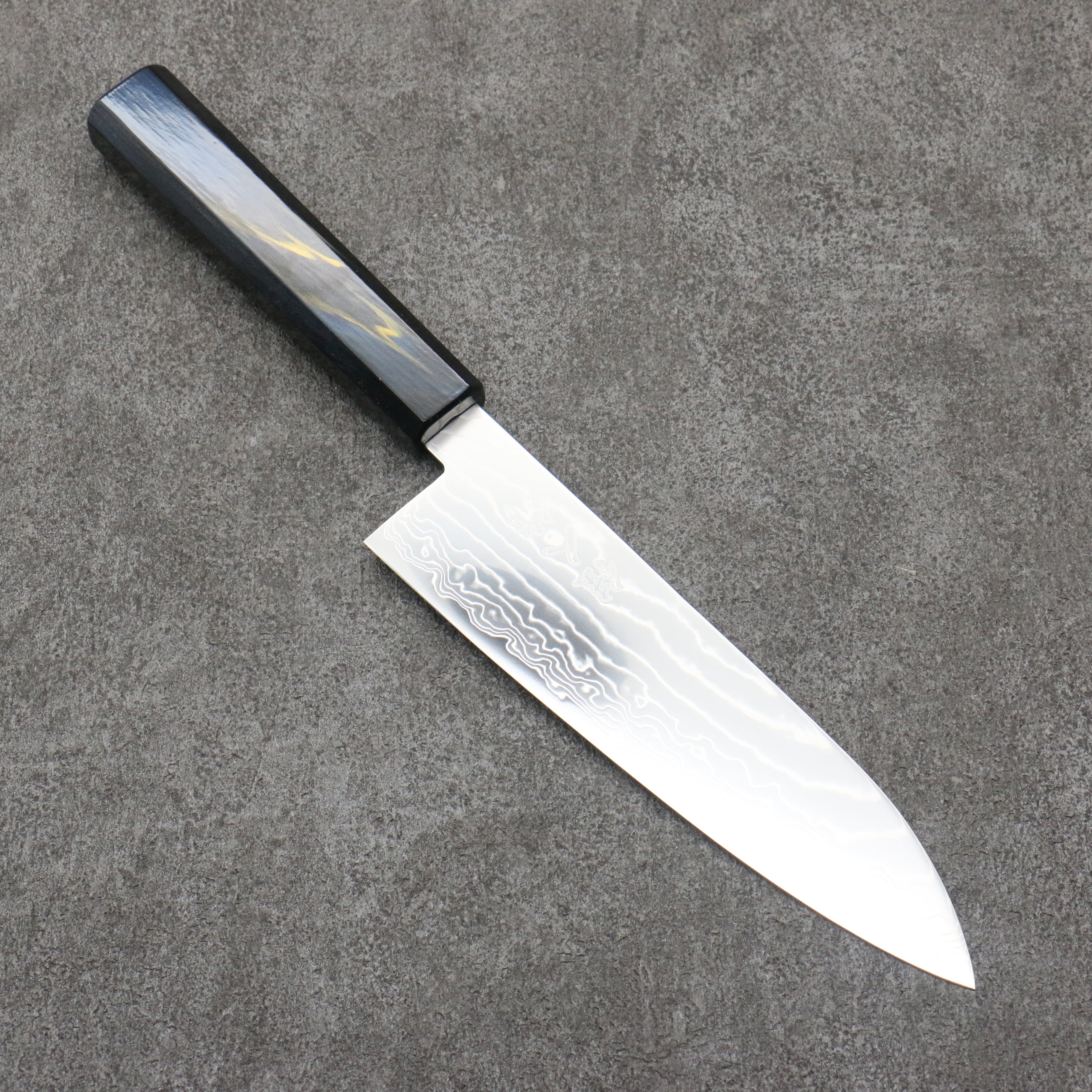 Kajin Cobalt Special Steel Damascus Santoku 180mm Dark Blue and Gold Lacquered Handle - Japanny - Best Japanese Knife