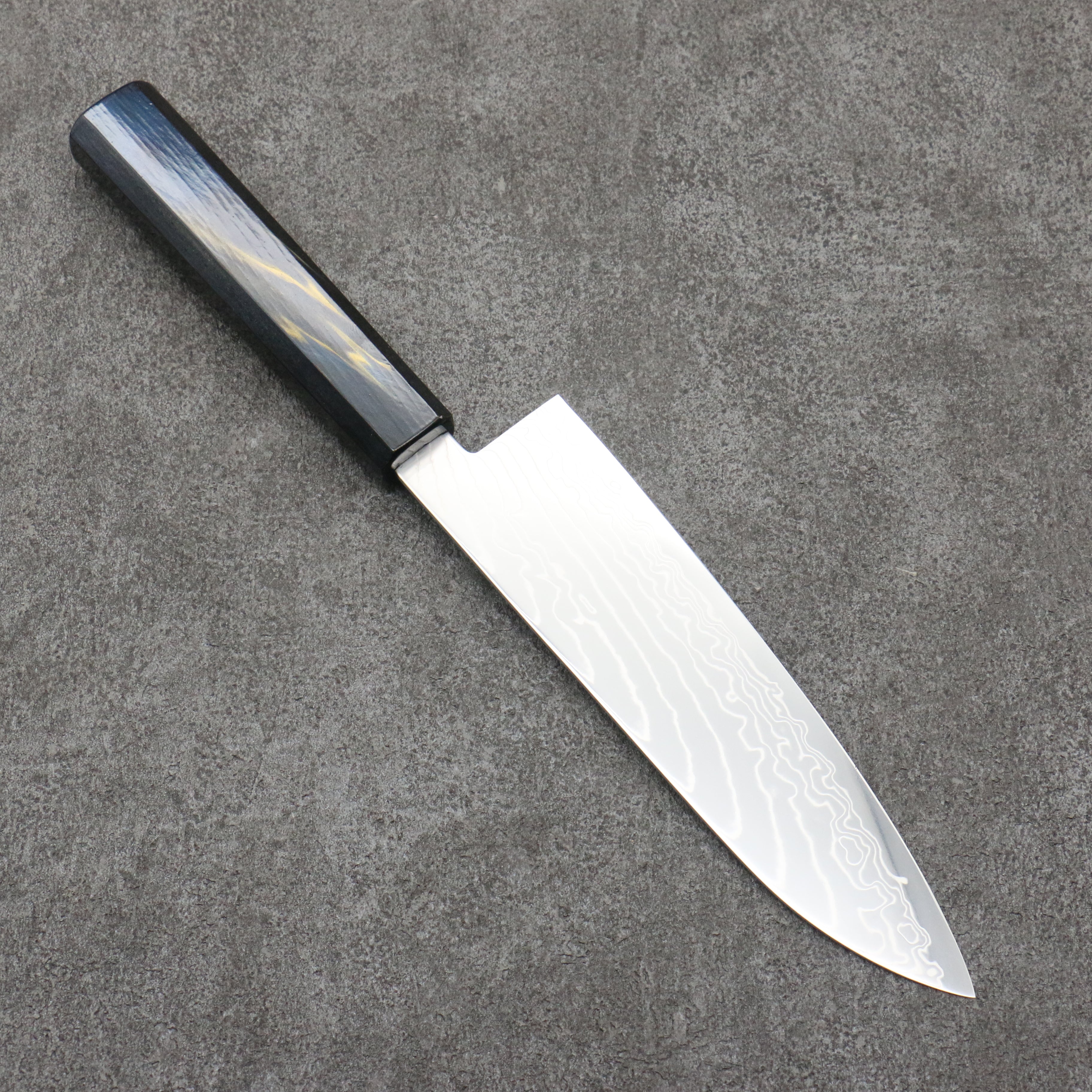 Kajin Cobalt Special Steel Damascus Santoku 180mm Dark Blue and Gold Lacquered Handle - Japanny - Best Japanese Knife