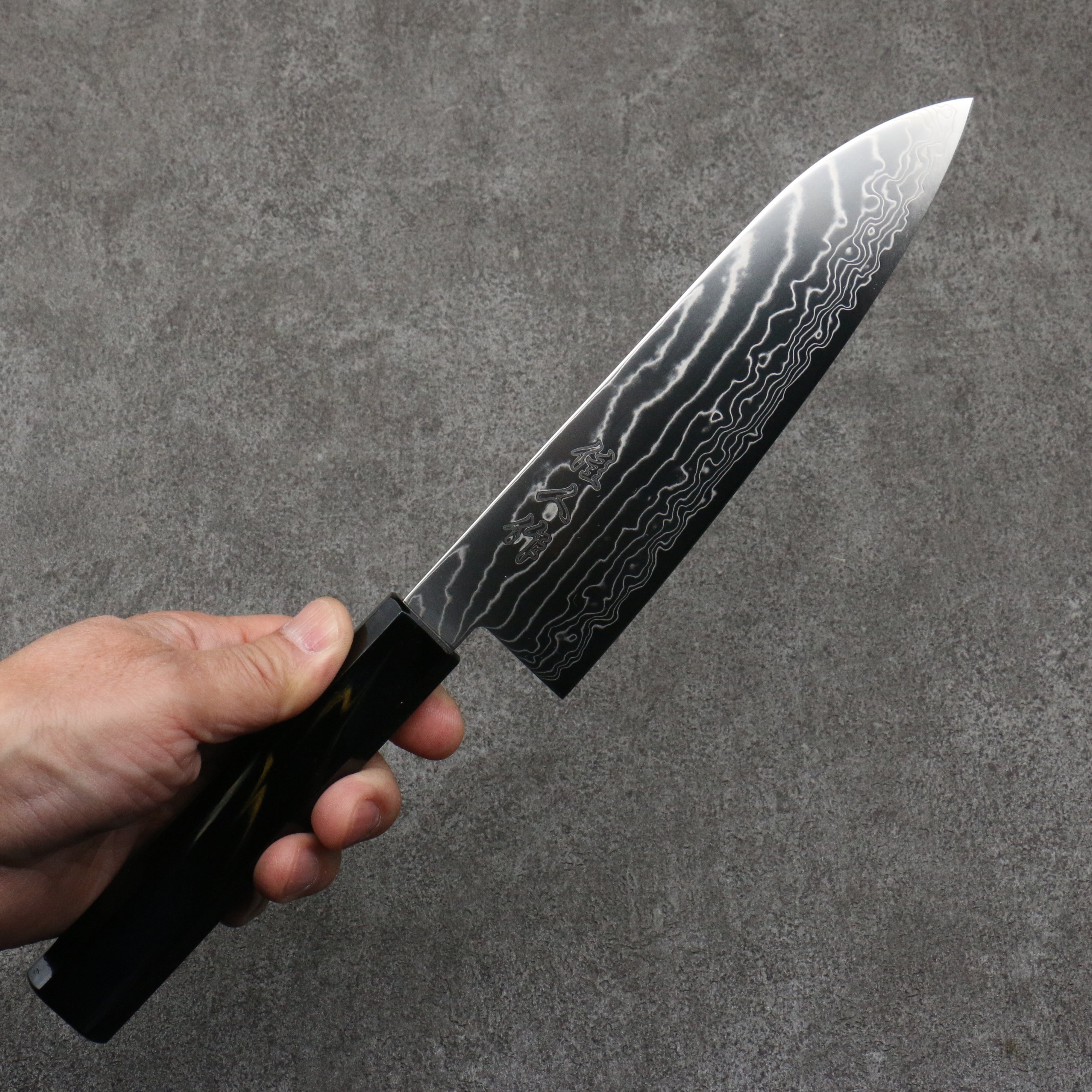Kajin Cobalt Special Steel Damascus Santoku 180mm Dark Blue and Gold Lacquered Handle - Japanny - Best Japanese Knife