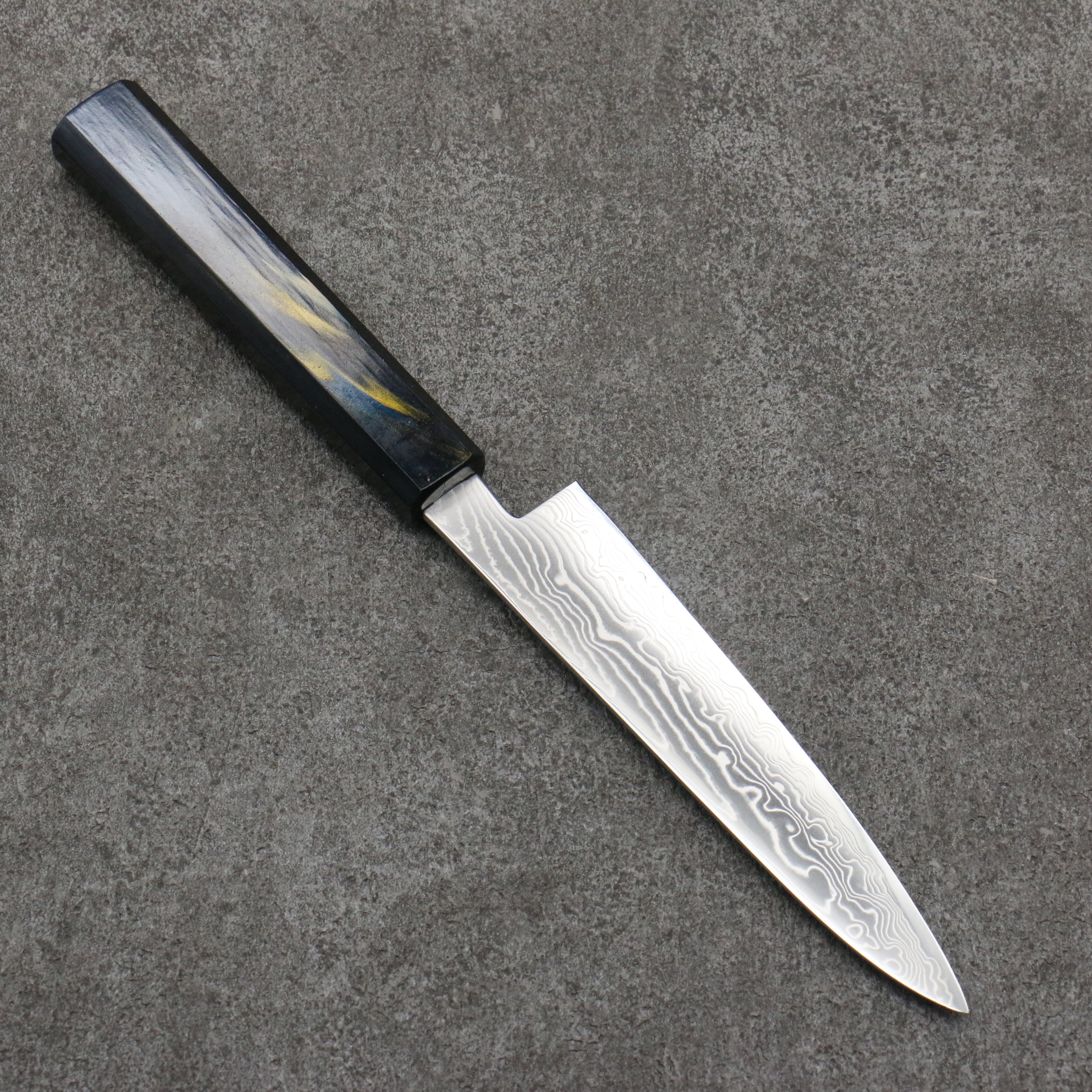 Kajin Cobalt Special Steel Damascus Petty-Utility 135mm Dark Blue and Gold with Fuji Lacquered Handle - Japanny - Best Japanese Knife
