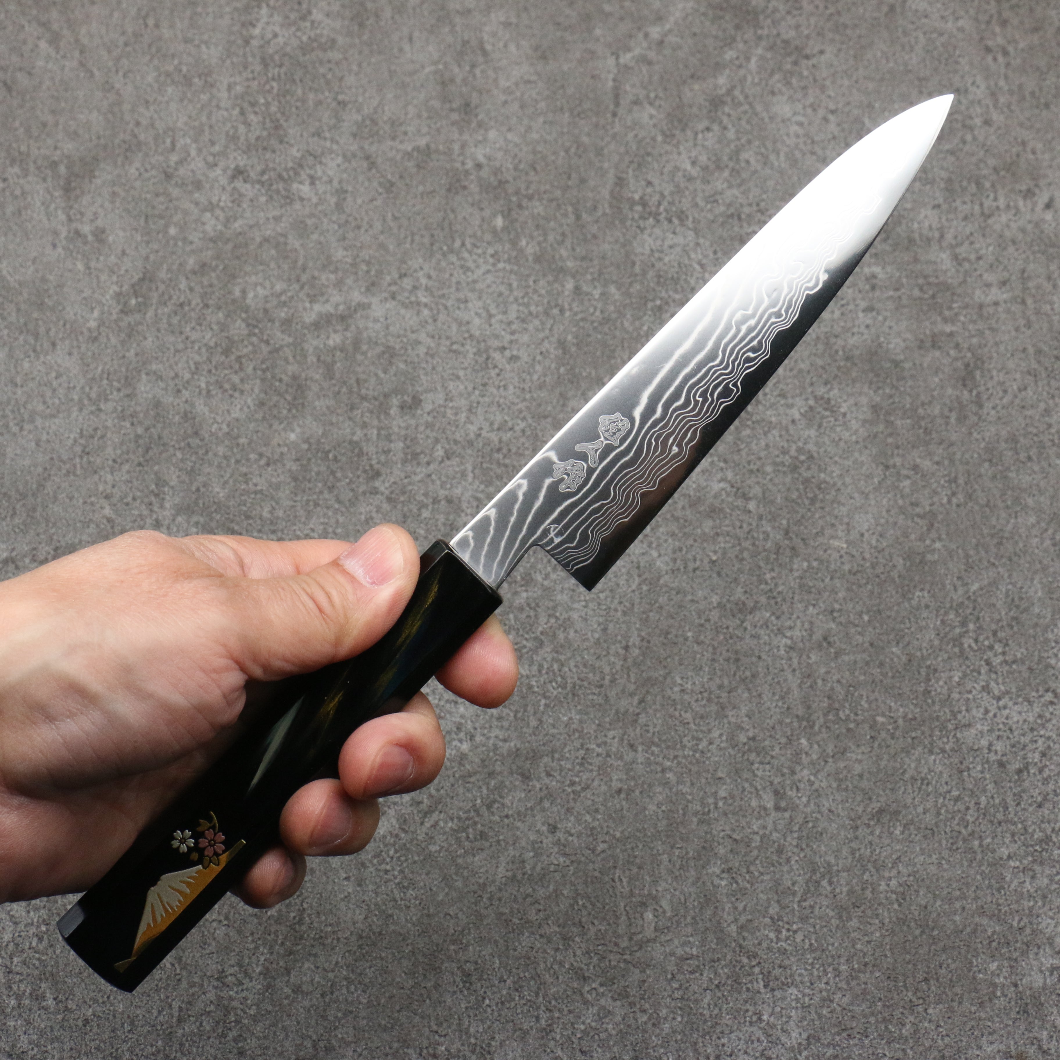 Kajin Cobalt Special Steel Damascus Petty-Utility 135mm Dark Blue and Gold with Fuji Lacquered Handle - Japanny - Best Japanese Knife