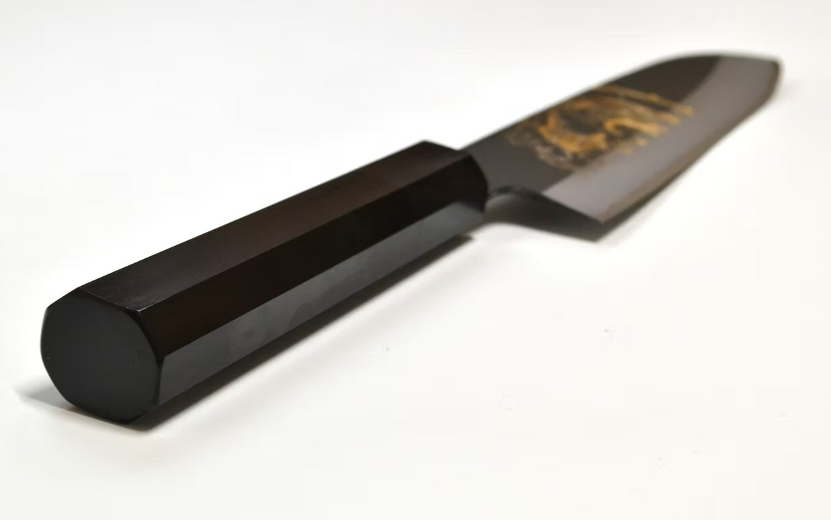 Sakai Takayuki Gold Filled Engraving by Kubota Raijin White Steel No.2 Black Finished Santoku 180mm Ebony Wood (ferrule: Black Water Buffalo Horn And Silver Ring) Handle - Japanny - Best Japanese Knife