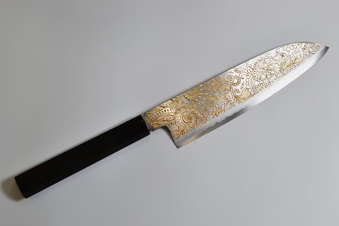 Sakai Takayuki Gold Filled Engraving by Kubota Mandala Silver Steel No.3 Santoku 180mm Ebony Wood (ferrule: Black Water Buffalo Horn And Silver Ring) Handle - Japanny - Best Japanese Knife
