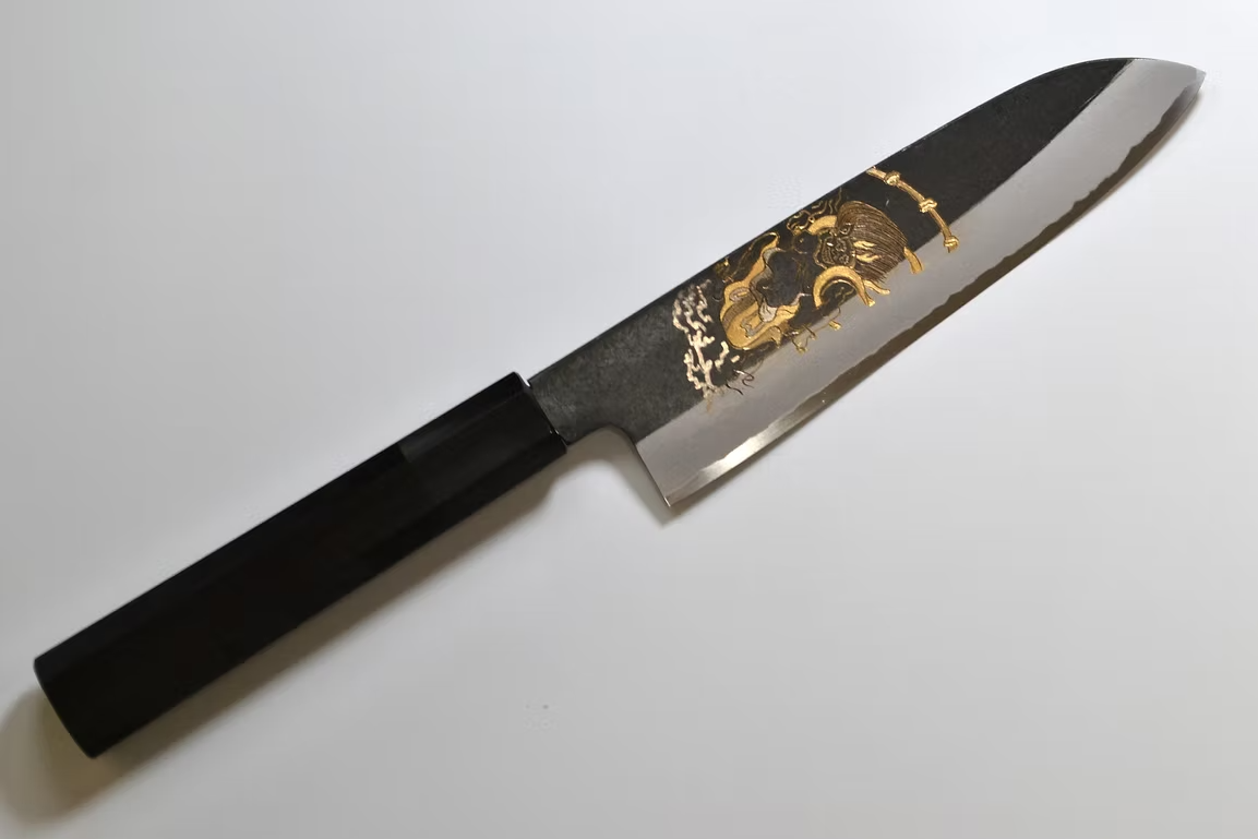 Sakai Takayuki Gold Filled Engraving by Kubota Raijin White Steel No.2 Black Finished Santoku 180mm Ebony Wood (ferrule: Black Water Buffalo Horn And Silver Ring) Handle - Japanny - Best Japanese Knife