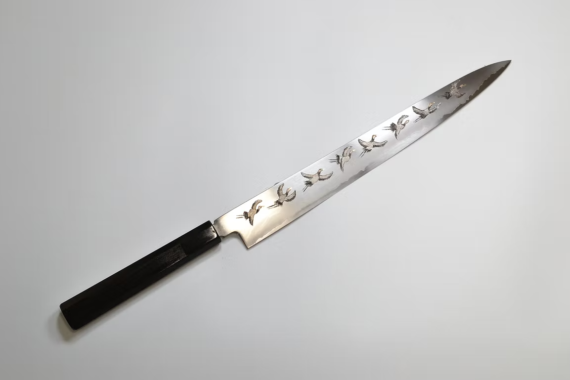 Sakai Takayuki Metal Decorated Engraving by Kubota Flock of cranes Silver Steel No.3 Sujihiki 270mm Ebony Wood (ferrule: Black Water Buffalo Horn And Silver Ring) Handle - Japanny - Best Japanese Knife
