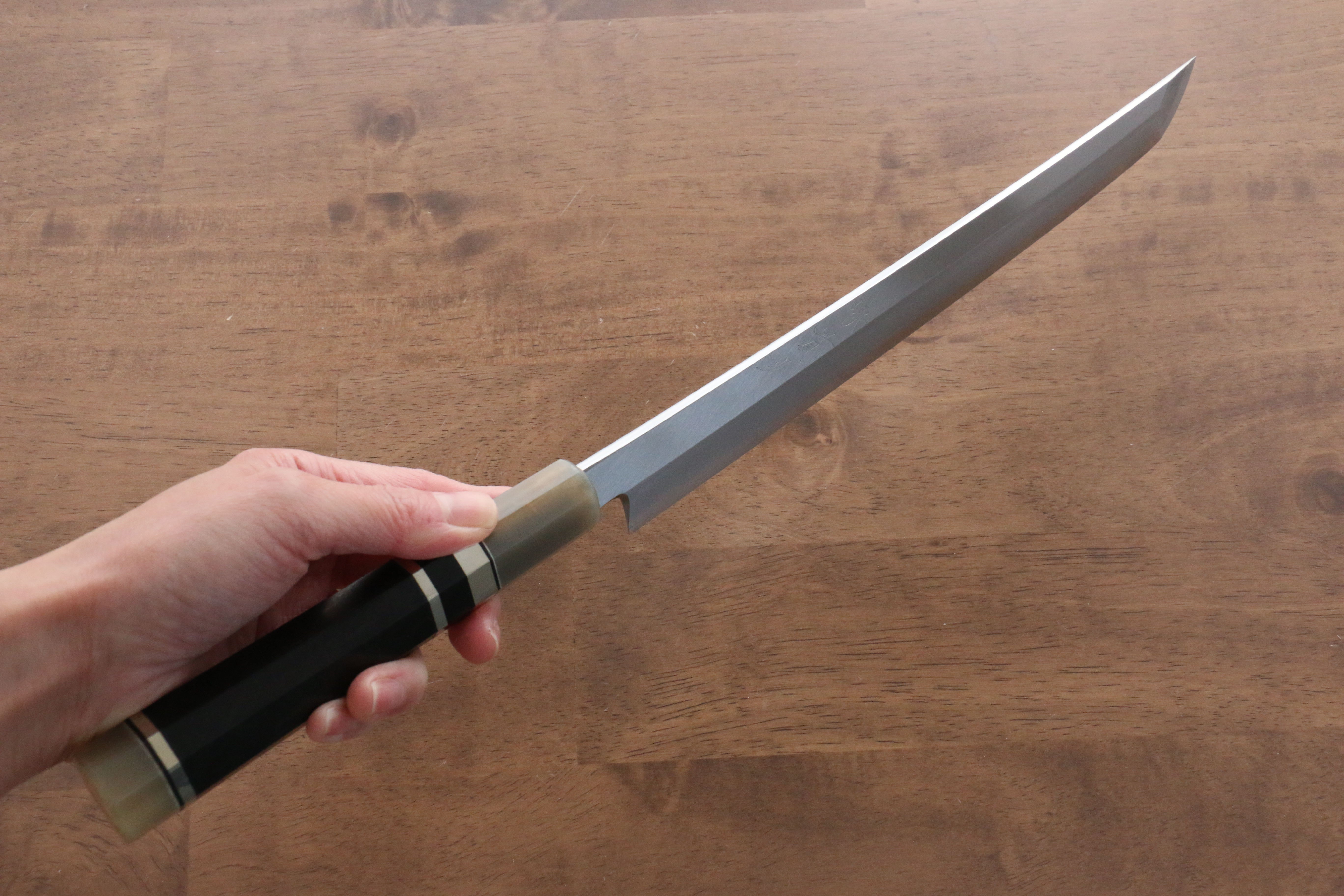 Jikko Shiko White Steel Sakimaru Yanagiba 270mm Ebony with Double Ring Handle - Japanny - Best Japanese Knife