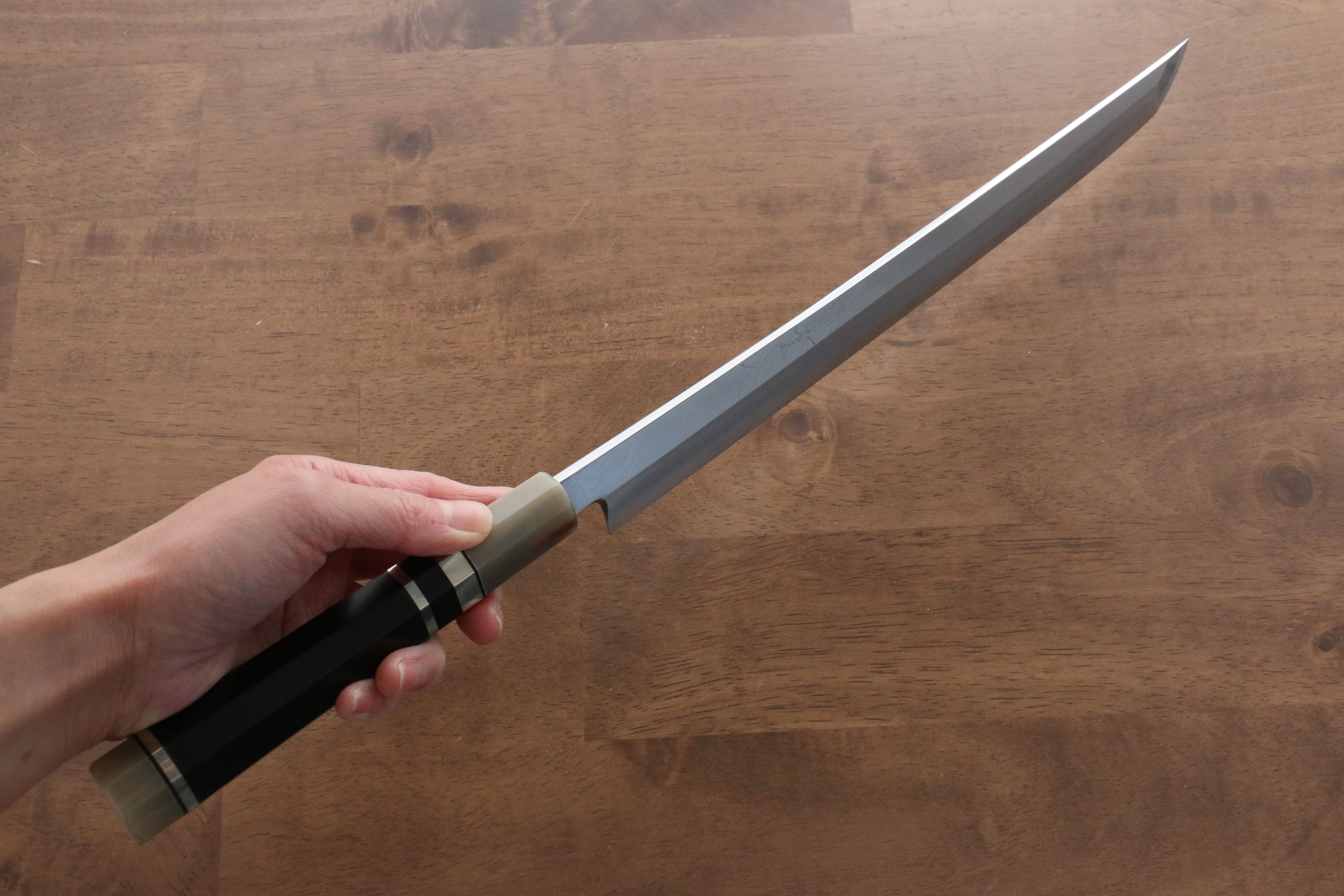 Jikko Shiko White Steel Sakimaru Yanagiba 300mm Ebony with Double Ring Handle - Japanny - Best Japanese Knife