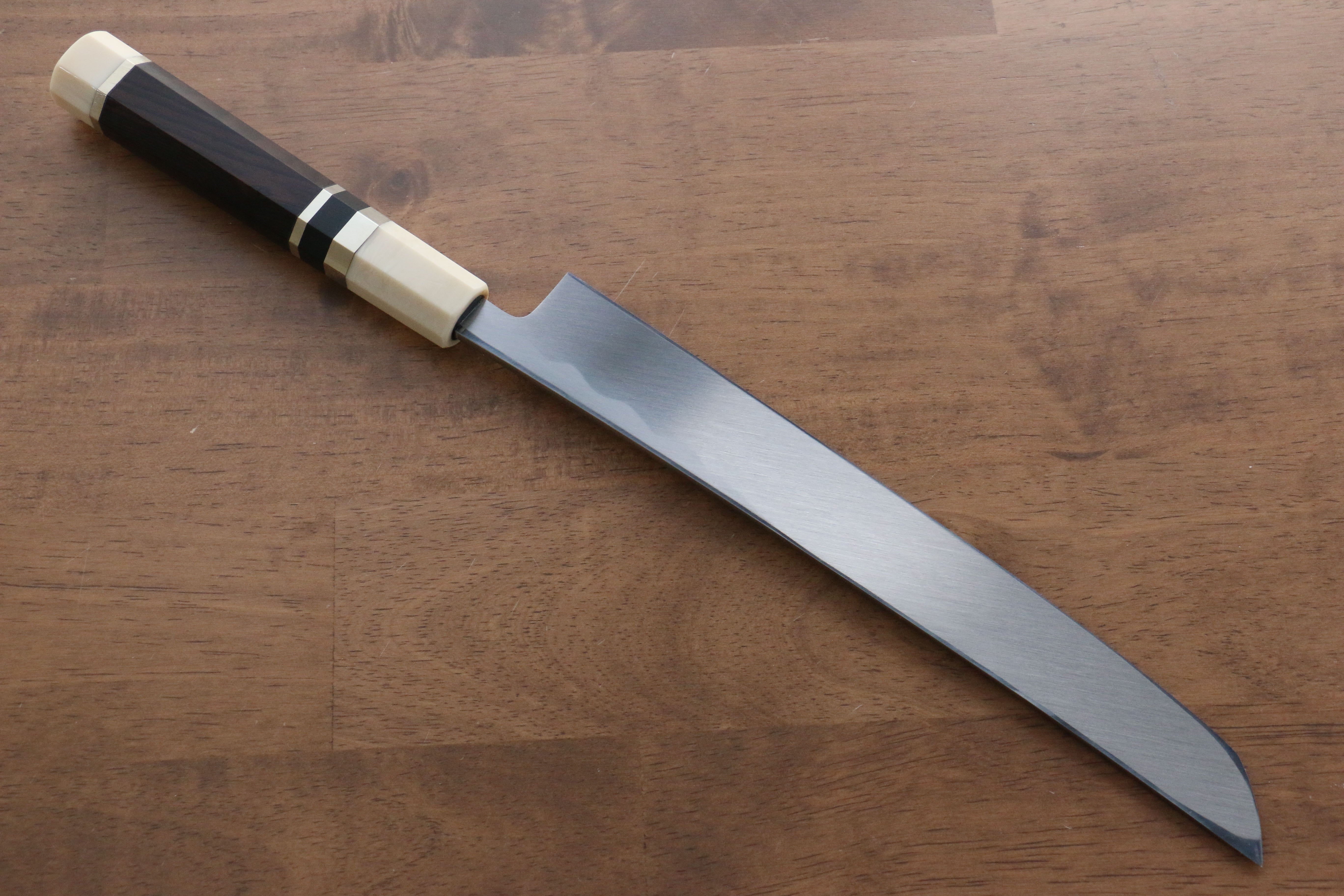 Jikko Shiko Blue Steel Sakimaru Yanagiba 240mm Ebony with Double Ring Handle - Japanny - Best Japanese Knife
