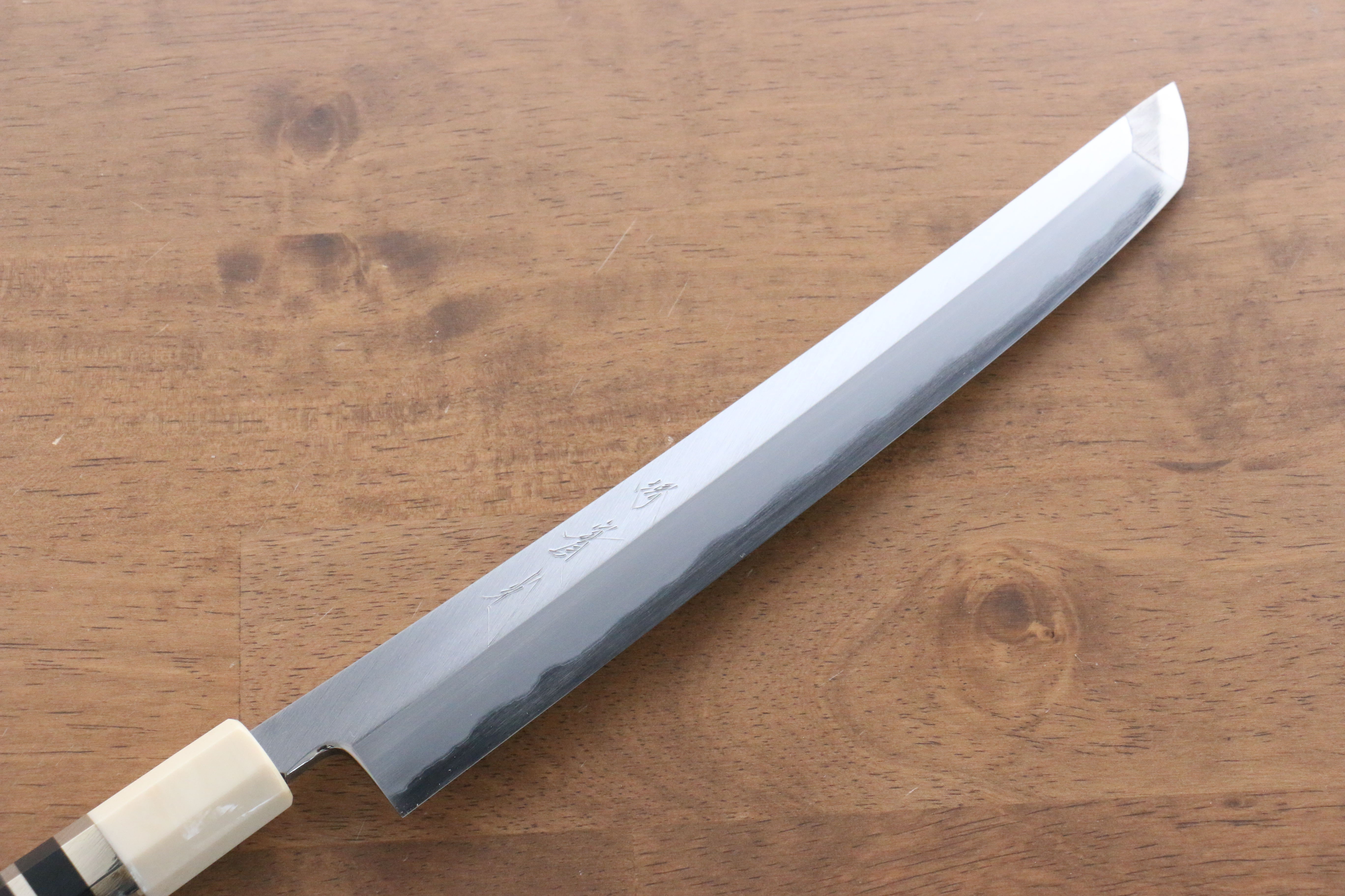 Jikko Shiko Blue Steel Sakimaru Yanagiba 240mm Ebony with Double Ring Handle - Japanny - Best Japanese Knife