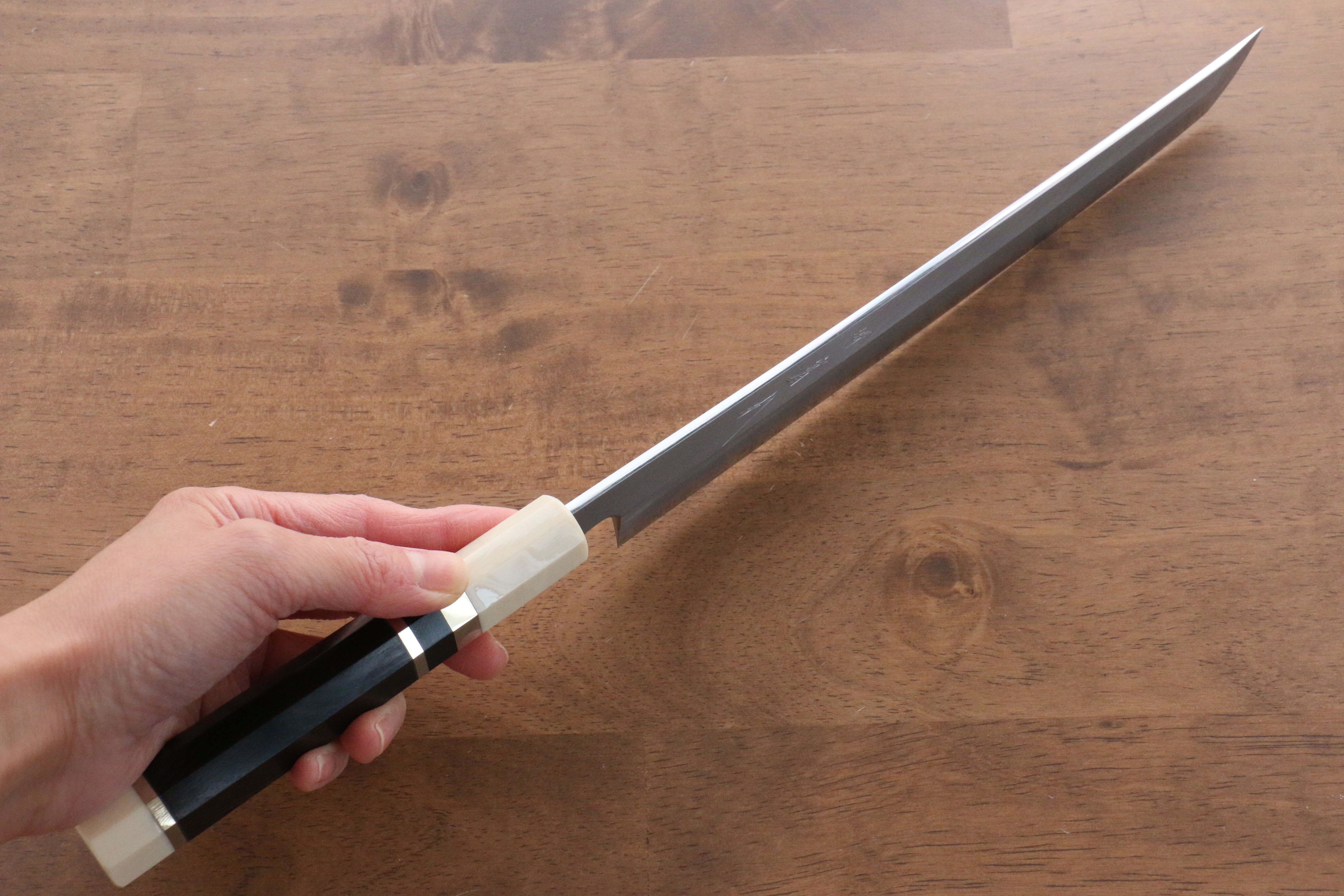 Jikko Shiko Blue Steel Sakimaru Yanagiba 240mm Ebony with Double Ring Handle - Japanny - Best Japanese Knife
