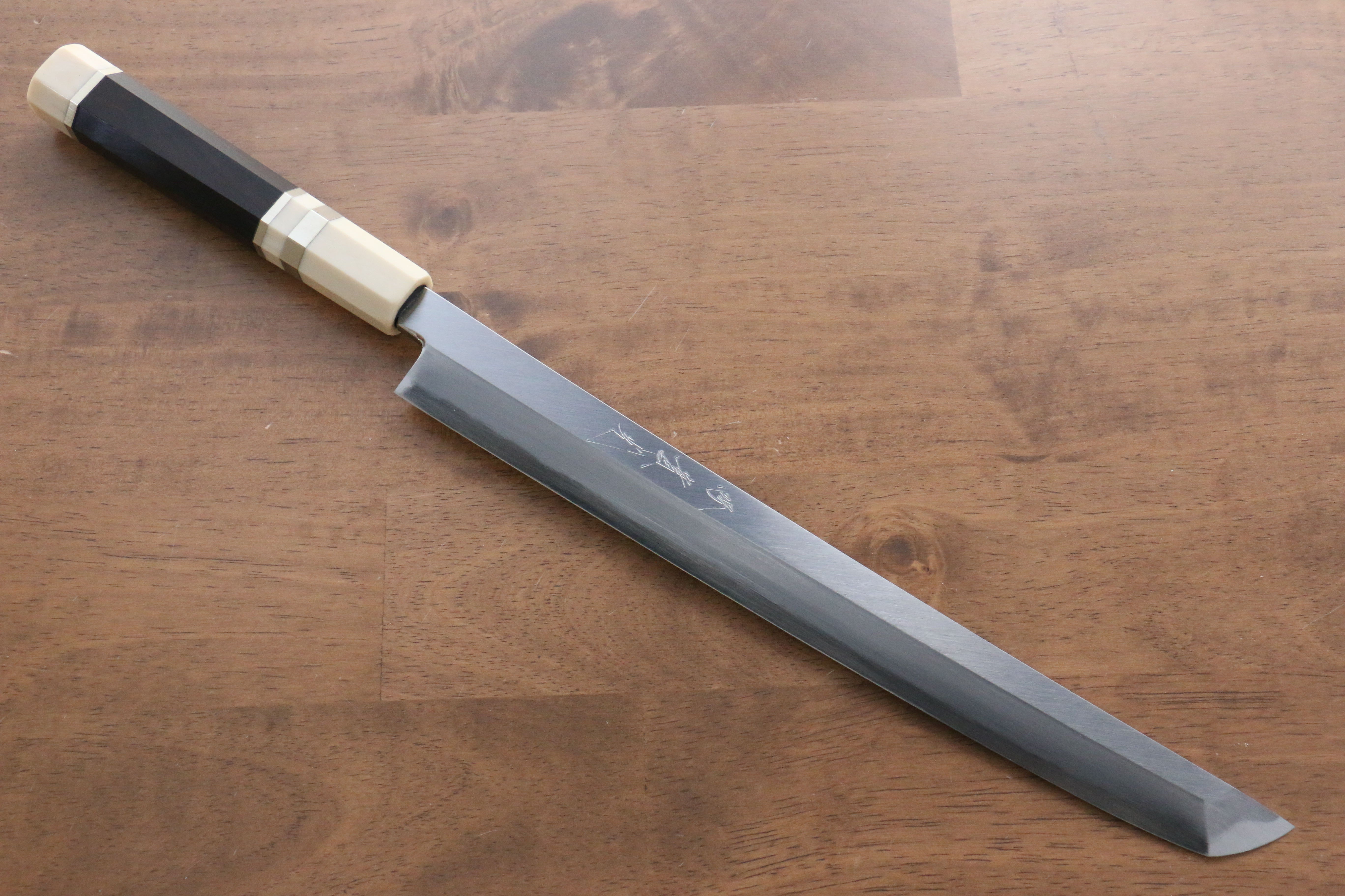 Jikko Shiko Blue Steel Sakimaru Yanagiba 300mm Ebony with Double Ring Handle - Japanny - Best Japanese Knife