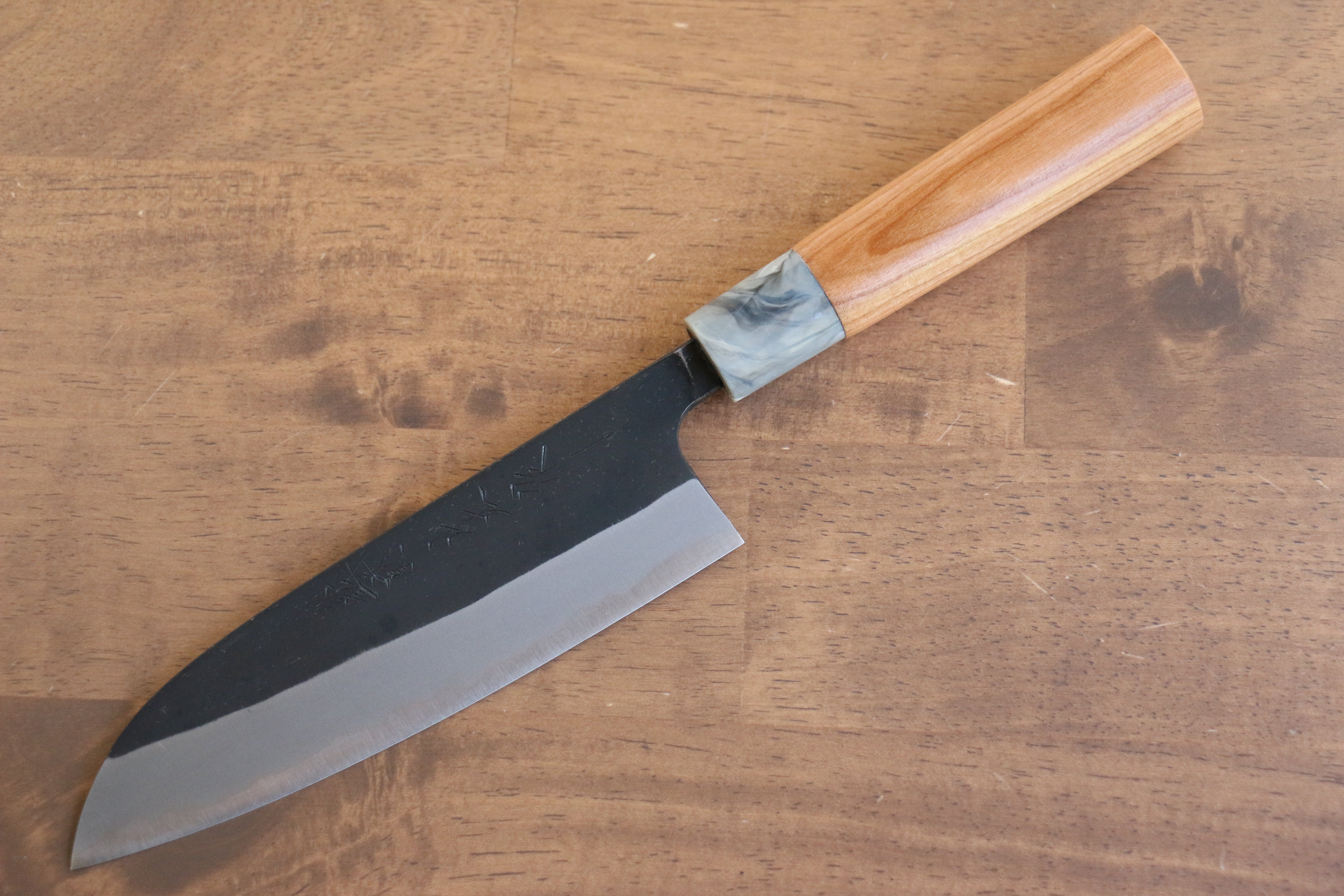 Nao Yamamoto White Steel No.2 Kurouchi Santoku 170mm Cherry Wood Handle - Japanny - Best Japanese Knife