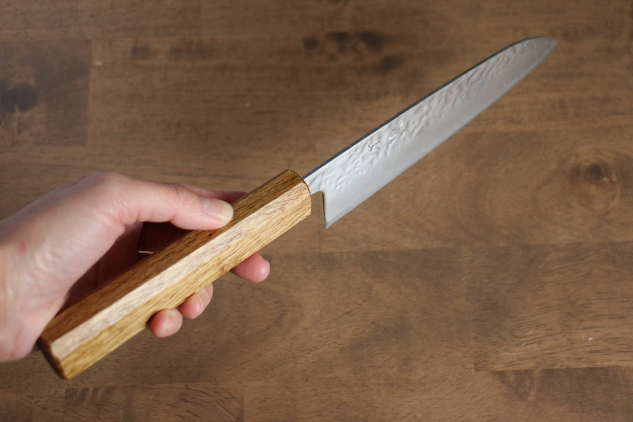 Seisuke Tsukikage AUS10 Migaki Finished Hammered Damascus Santoku 170mm Oak Handle - Japanny - Best Japanese Knife