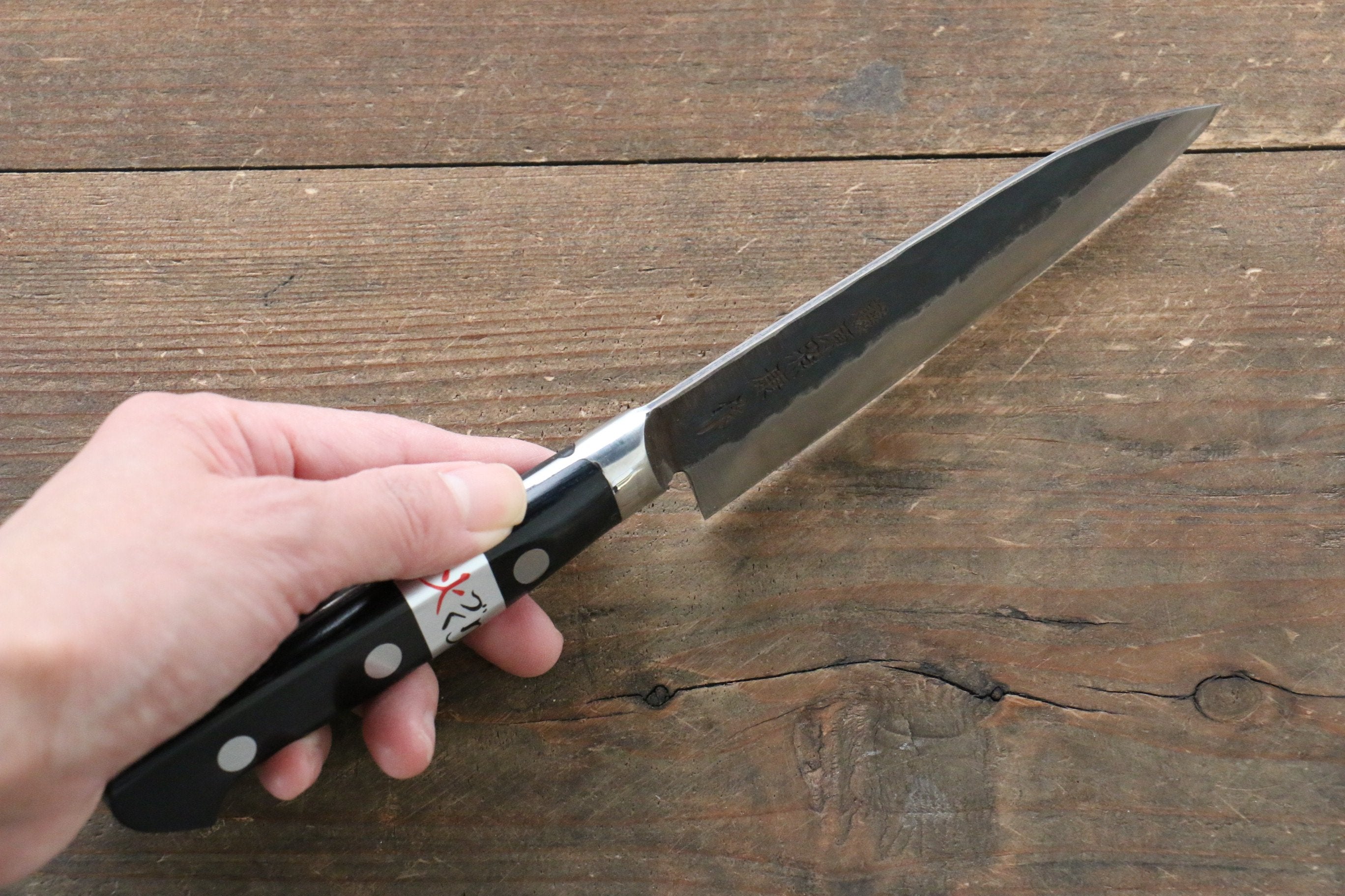Fujiwara Teruyasu Fujiwara Teruyasu Denka Blue Super Black Finished Petty-Utility 120mm with Black Pakka wood Handle - Japanny - Best Japanese Knife