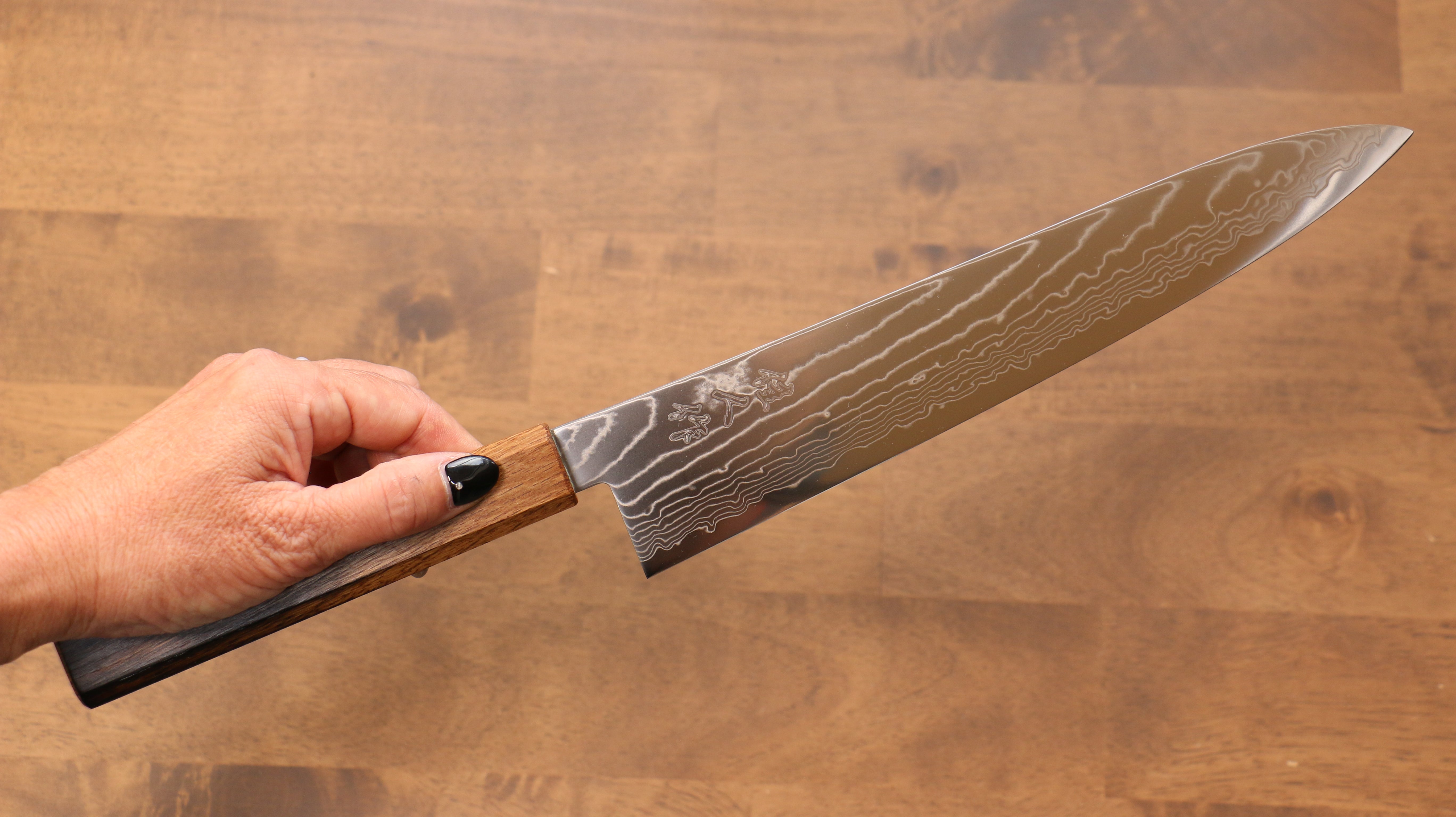 Kajin Cobalt Special Steel Damascus Gyuto 240mm Burnt Oak (Mehakkaku) Handle - Japanny - Best Japanese Knife