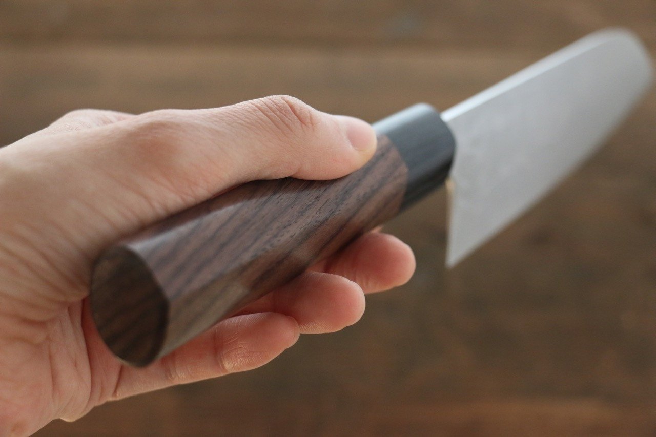 Shungo Ogata White Steel No.2 Damascus Migaki Finished Santoku 180mm Shitan Handle - Japanny - Best Japanese Knife