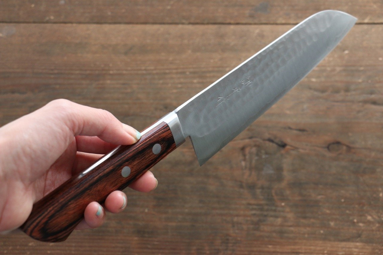 Kunihira Tanzo VG1 Hammered Santoku 170mm Mahogany Handle - Japanny - Best Japanese Knife