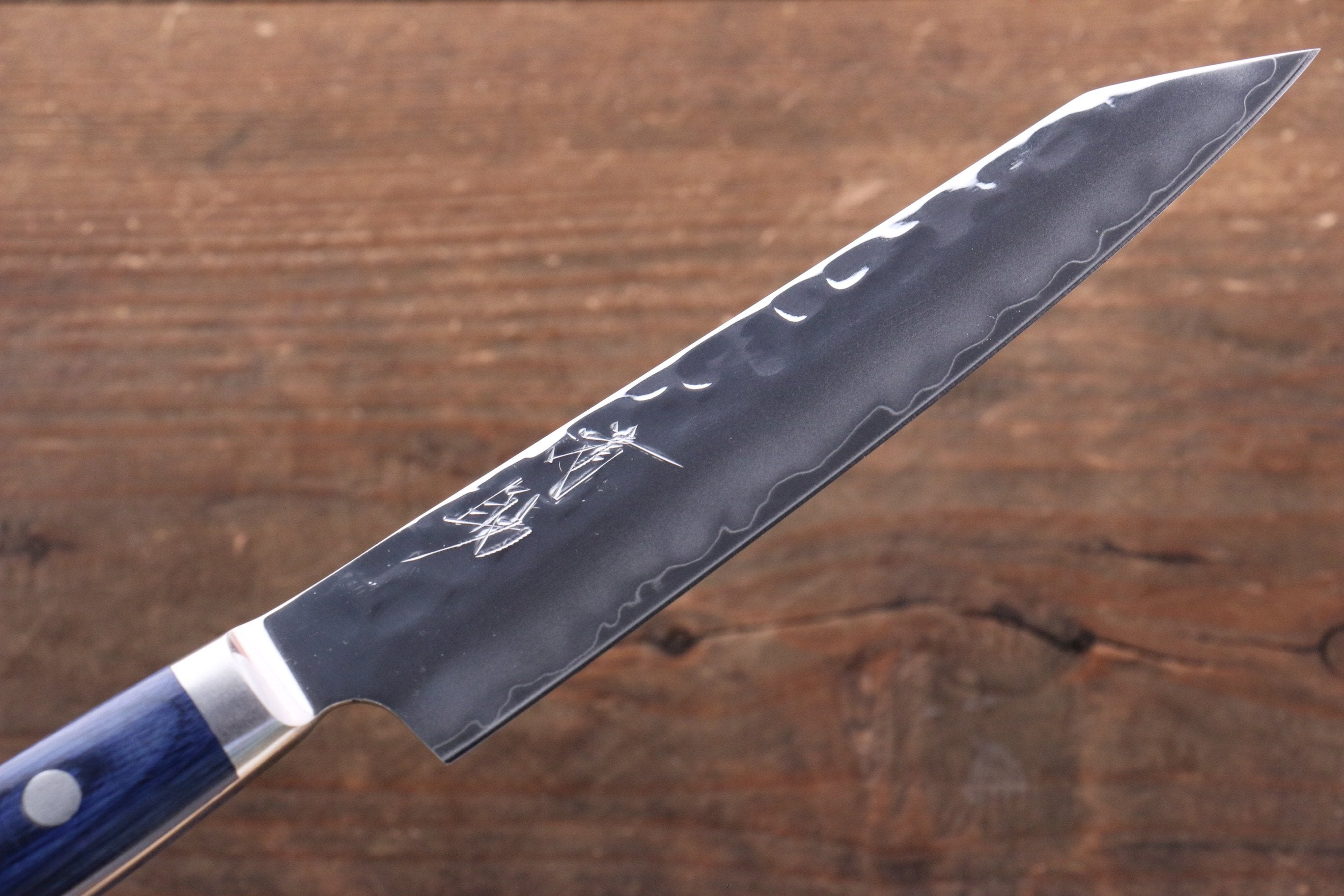 Seisuke Aotsuchi AUS10 Hammered Kiritsuke Petty-Utility 140mm Blue Pakka wood Handle with Sheath - Japanny - Best Japanese Knife