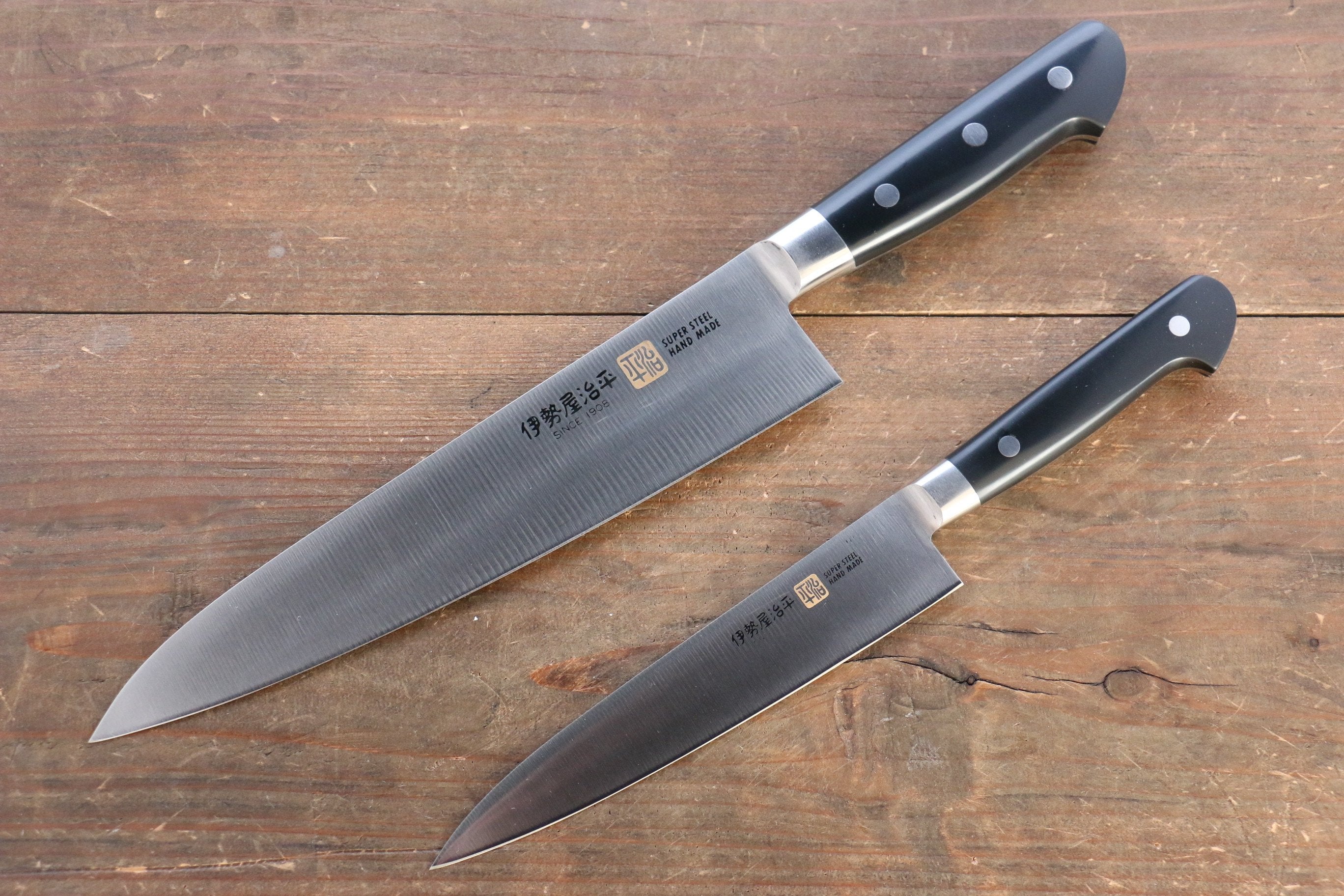 Iseya Molybdenum Steel Petty Knife 150mm & Gyuto Knife 210mmwith Black Micarta handle Set (Ferrel : Stainless Steel) - Japanny - Best Japanese Knife