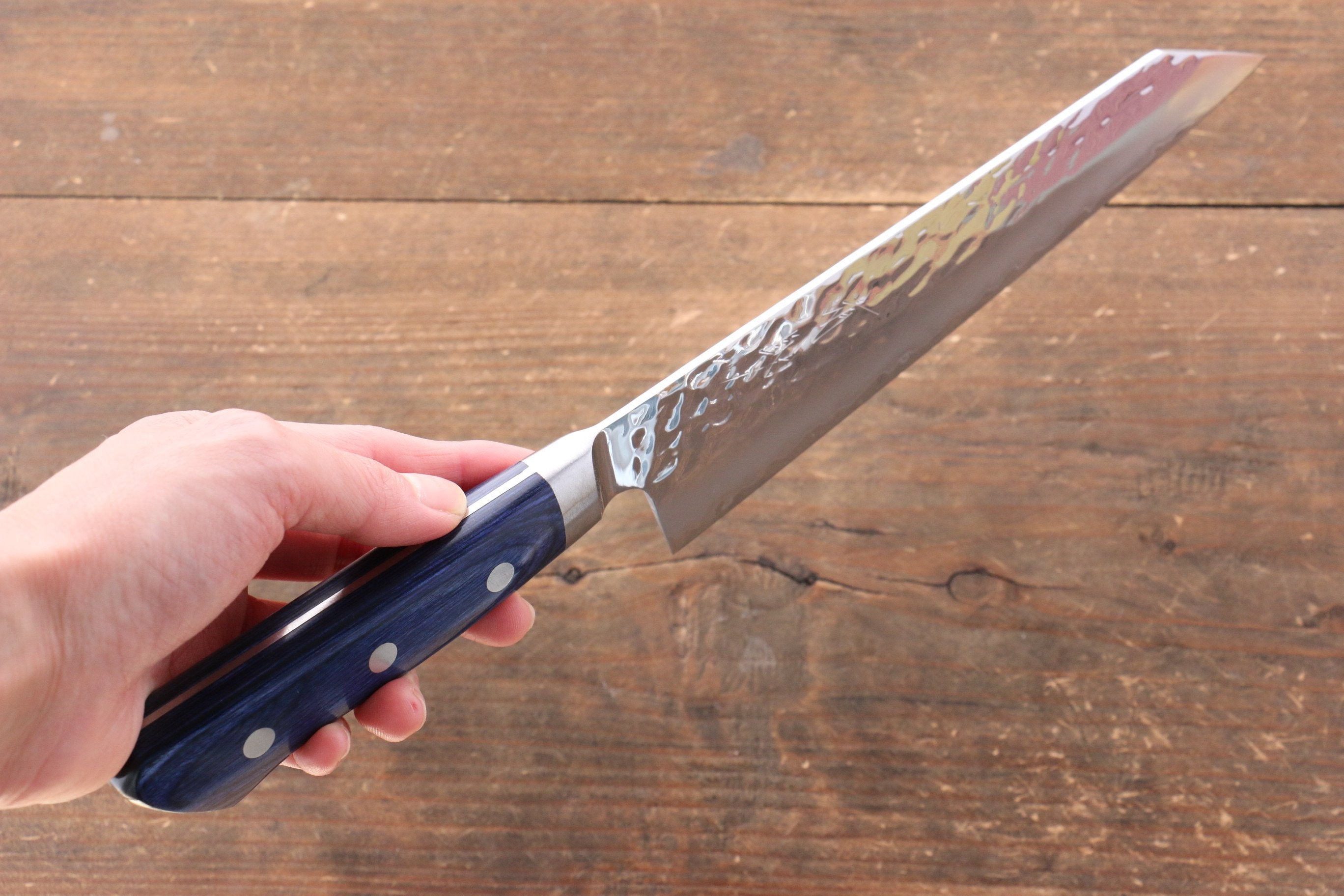 Seisuke Aotsuchi AUS10 Hammered Kiritsuke Santoku 195mm Blue Pakka wood Handle with Sheath - Japanny - Best Japanese Knife