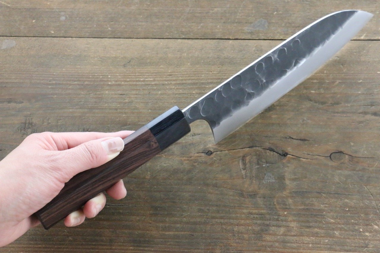Seisuke Blue Steel No.2 Hammered Kurouchi Santoku 165mm Shitan Handle - Japanny - Best Japanese Knife