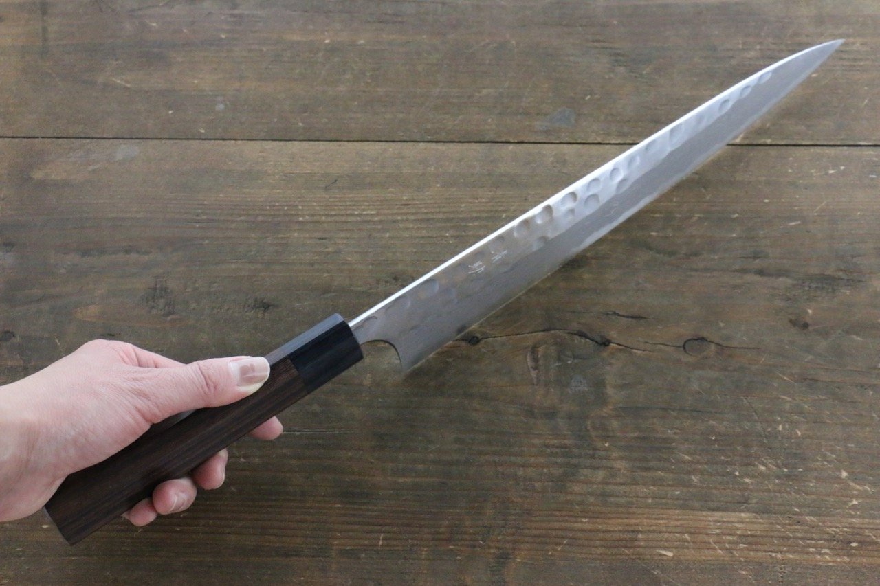 Seisuke Blue Steel No.2 Hammered Damascus Yanagiba 270mm Shitan Handle - Japanny - Best Japanese Knife