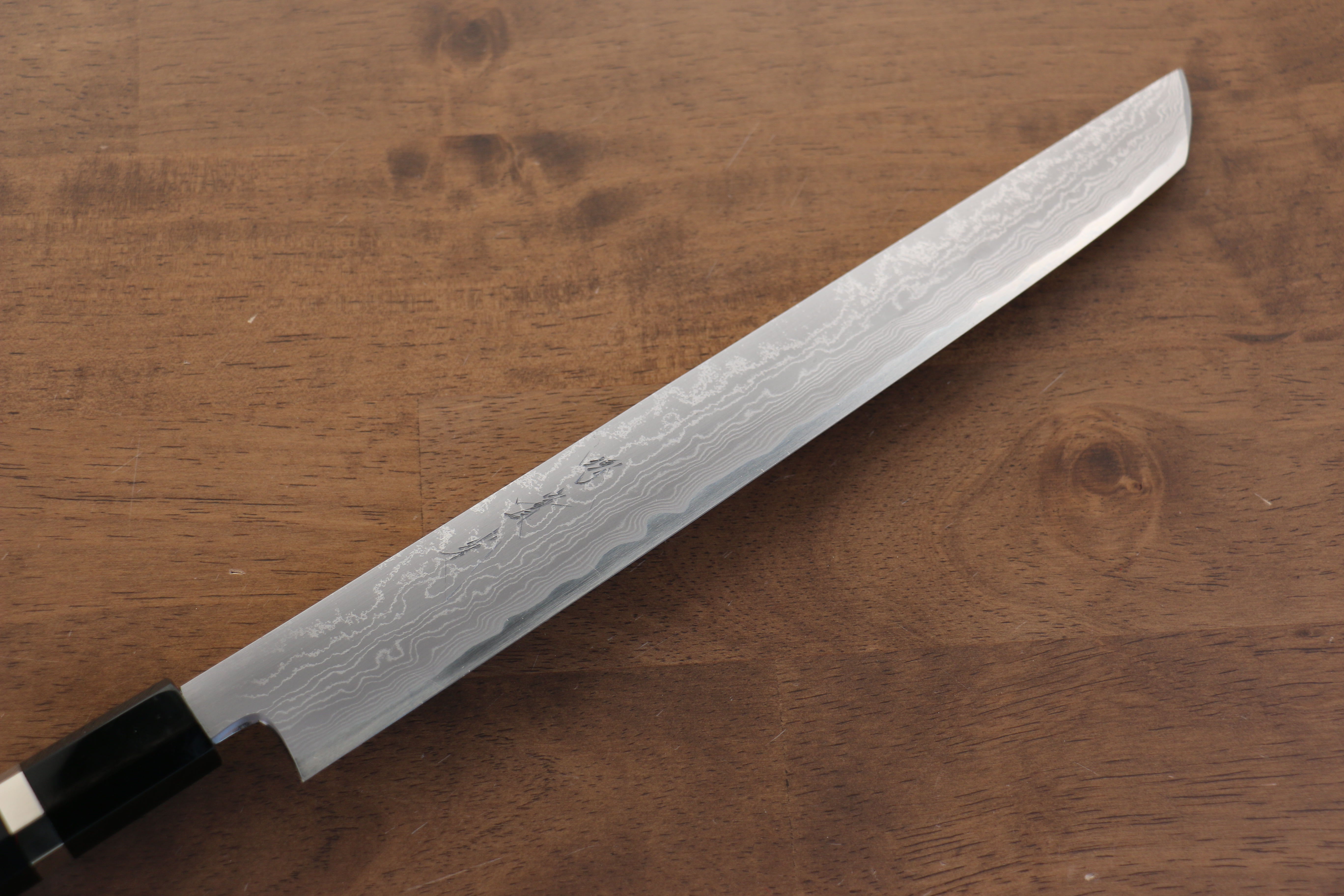 Jikko Blue Steel Damascus Sakimaru Sujihiki 270mm Ebony with Double Ring Handle - Japanny - Best Japanese Knife