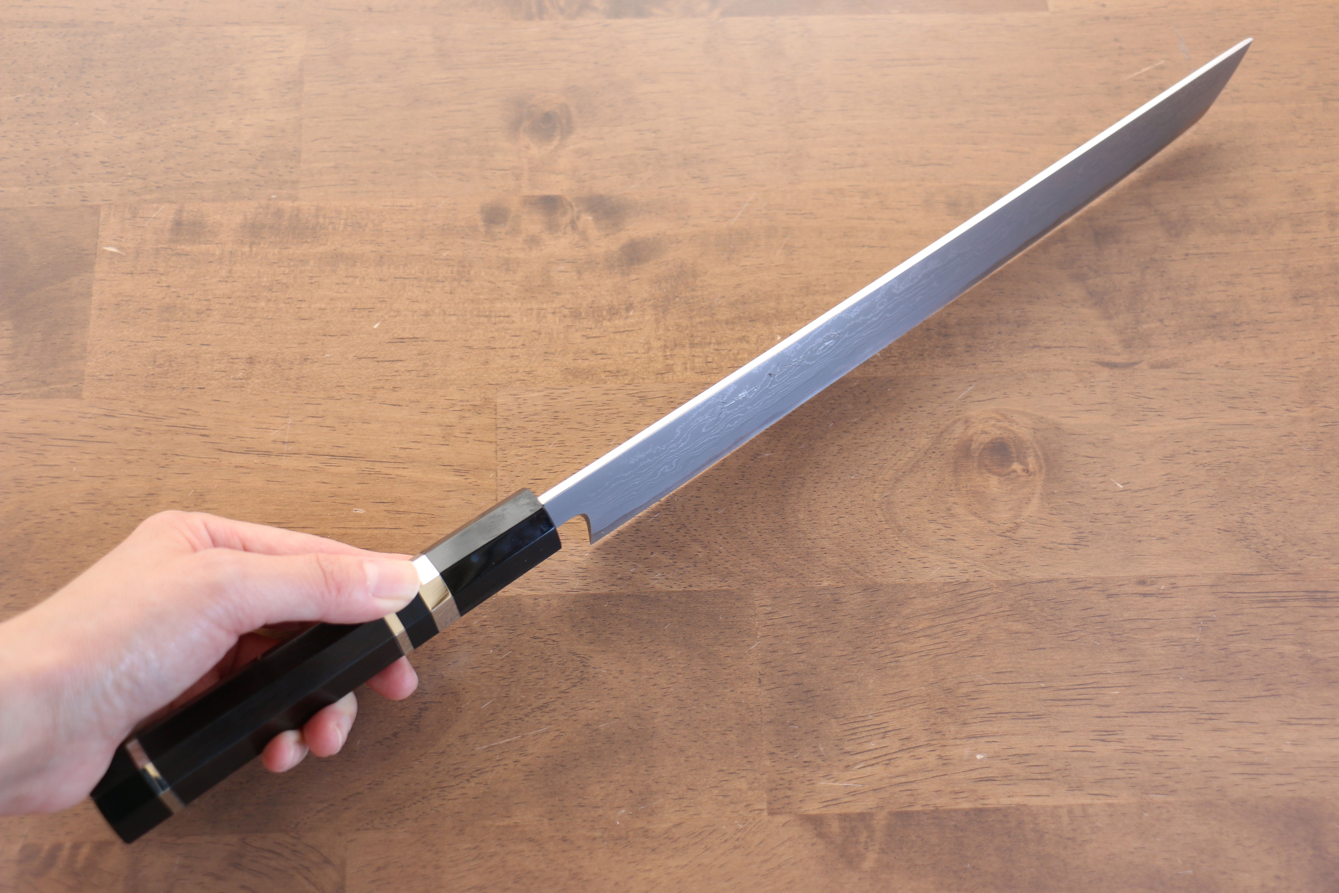 Jikko Blue Steel Damascus Sakimaru Sujihiki 270mm Ebony with Double Ring Handle - Japanny - Best Japanese Knife