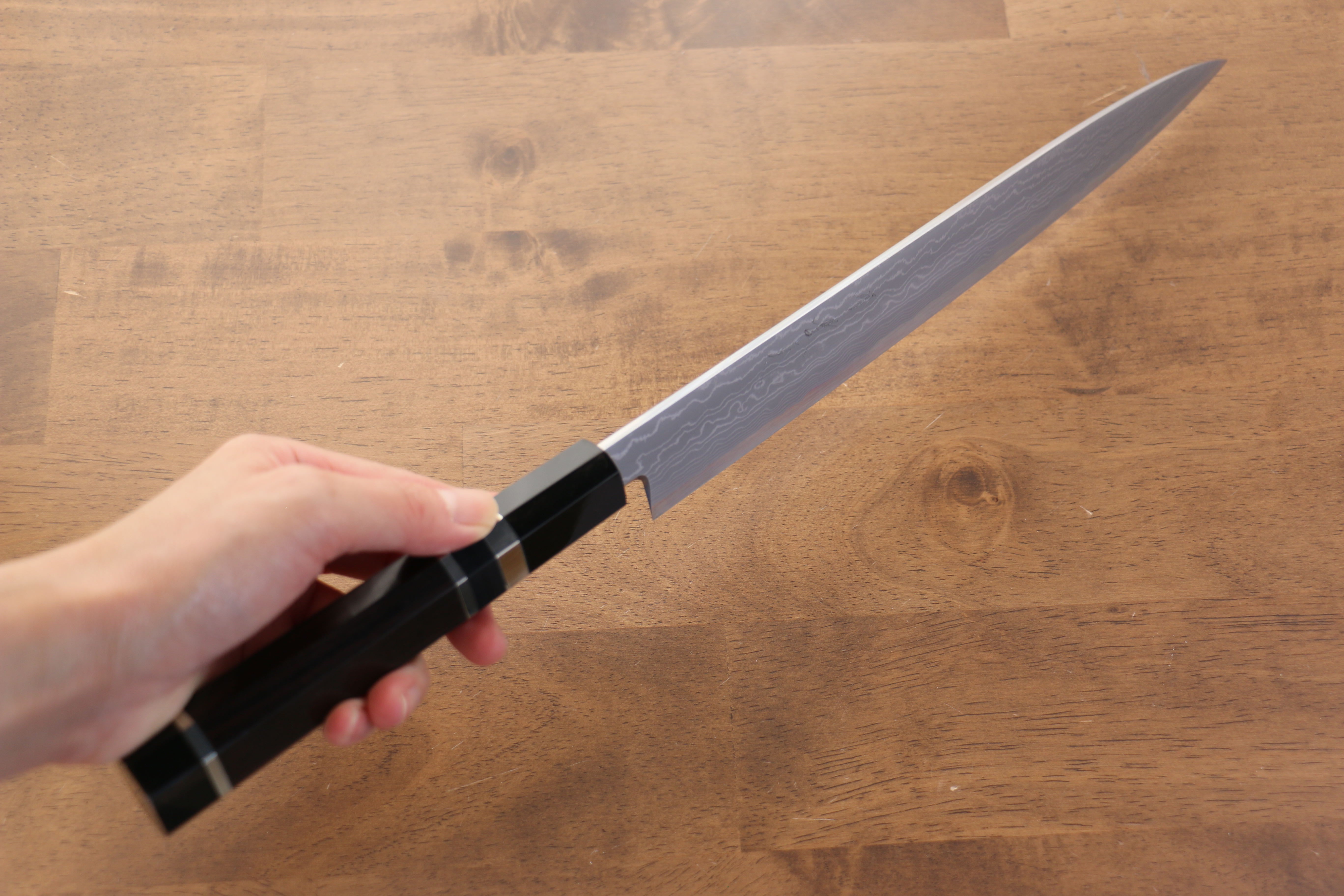 Jikko Blue Steel Damascus Sujihiki 270mm Ebony with Double Ring Handle - Japanny - Best Japanese Knife