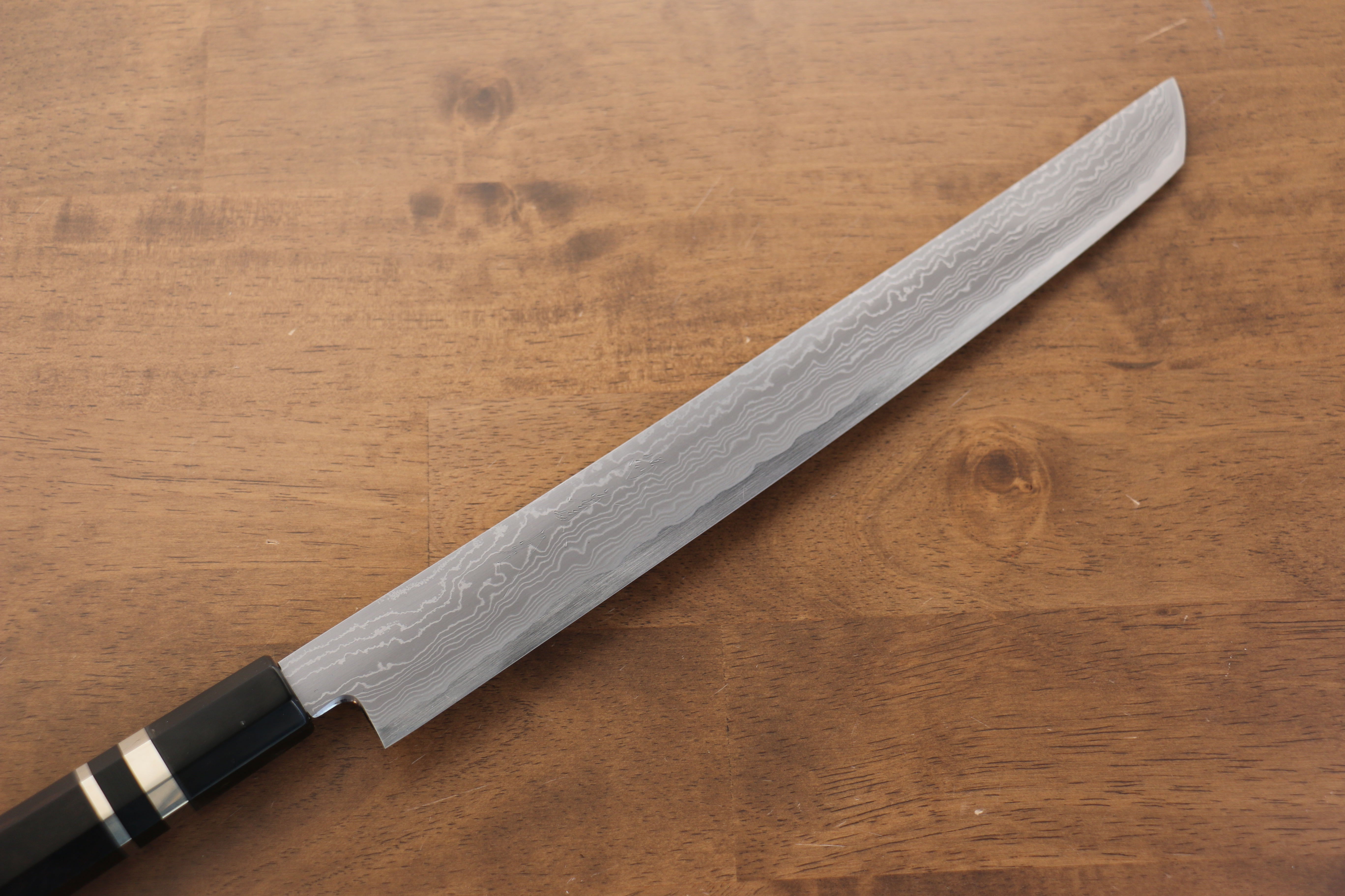 Jikko Blue Steel Damascus Sakimaru Sujihiki 300mm Ebony with Double Ring Handle - Japanny - Best Japanese Knife