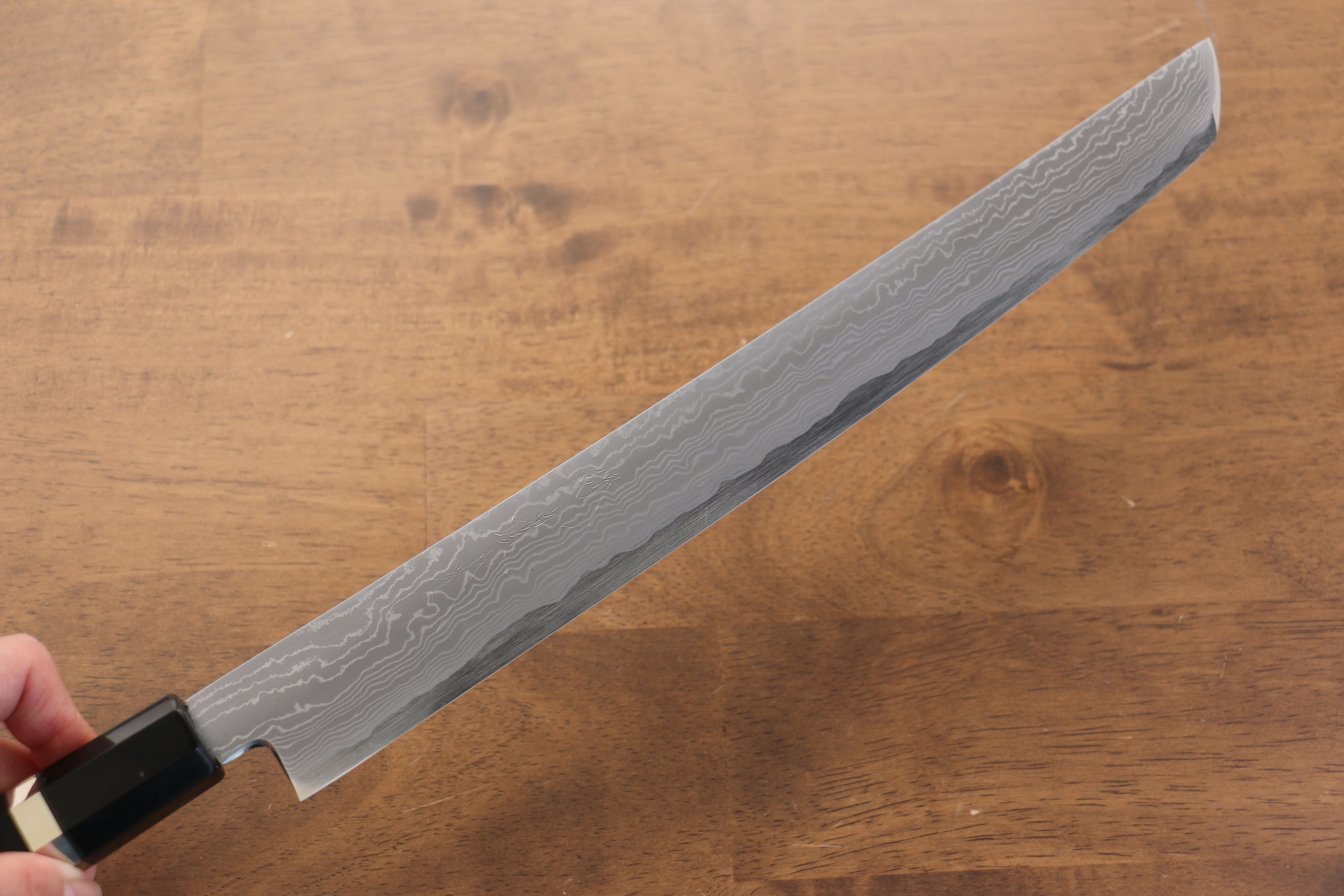 Jikko Blue Steel Damascus Sakimaru Sujihiki 300mm Ebony with Double Ring Handle - Japanny - Best Japanese Knife