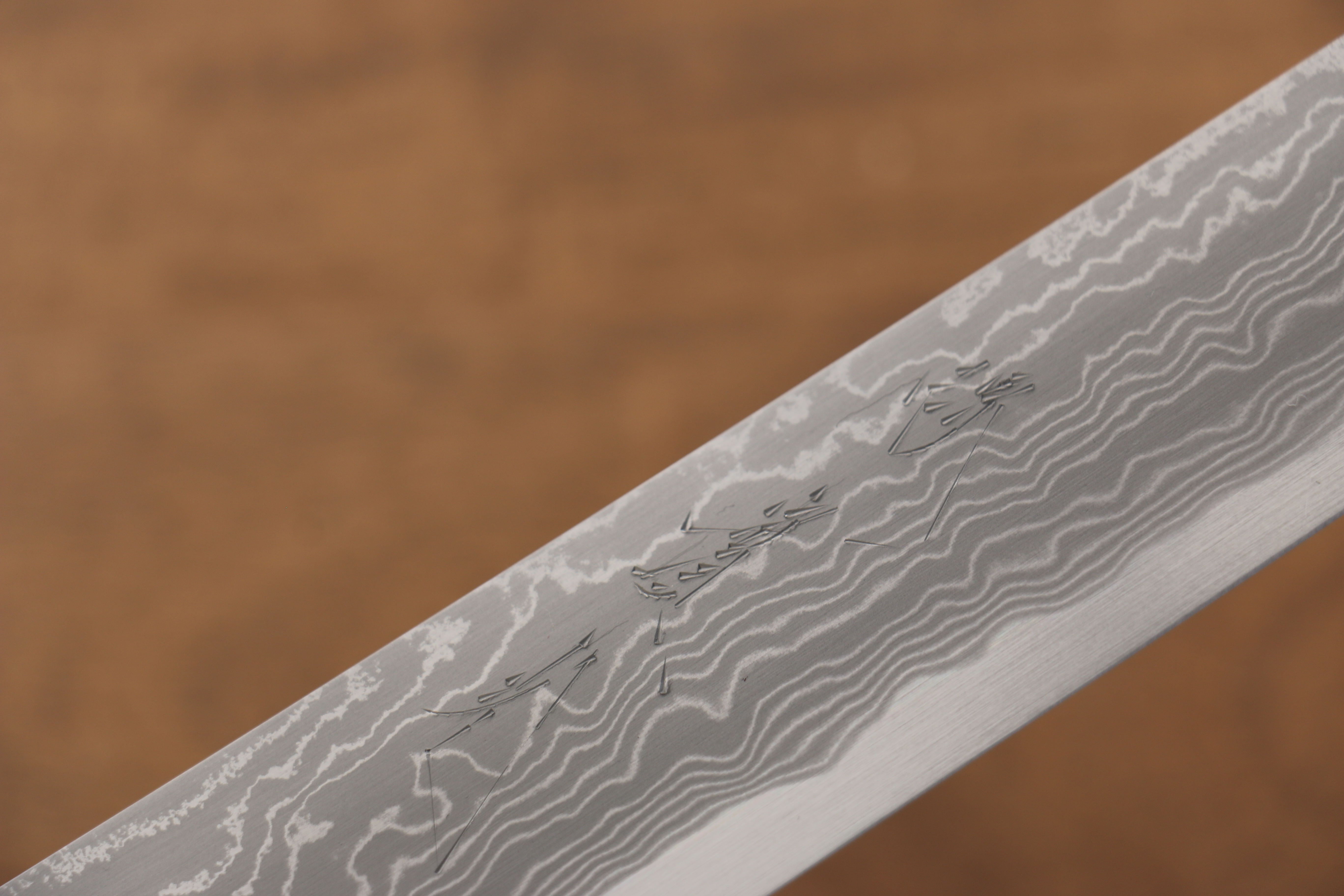 Jikko Blue Steel Damascus Sakimaru Sujihiki 300mm Ebony with Double Ring Handle - Japanny - Best Japanese Knife