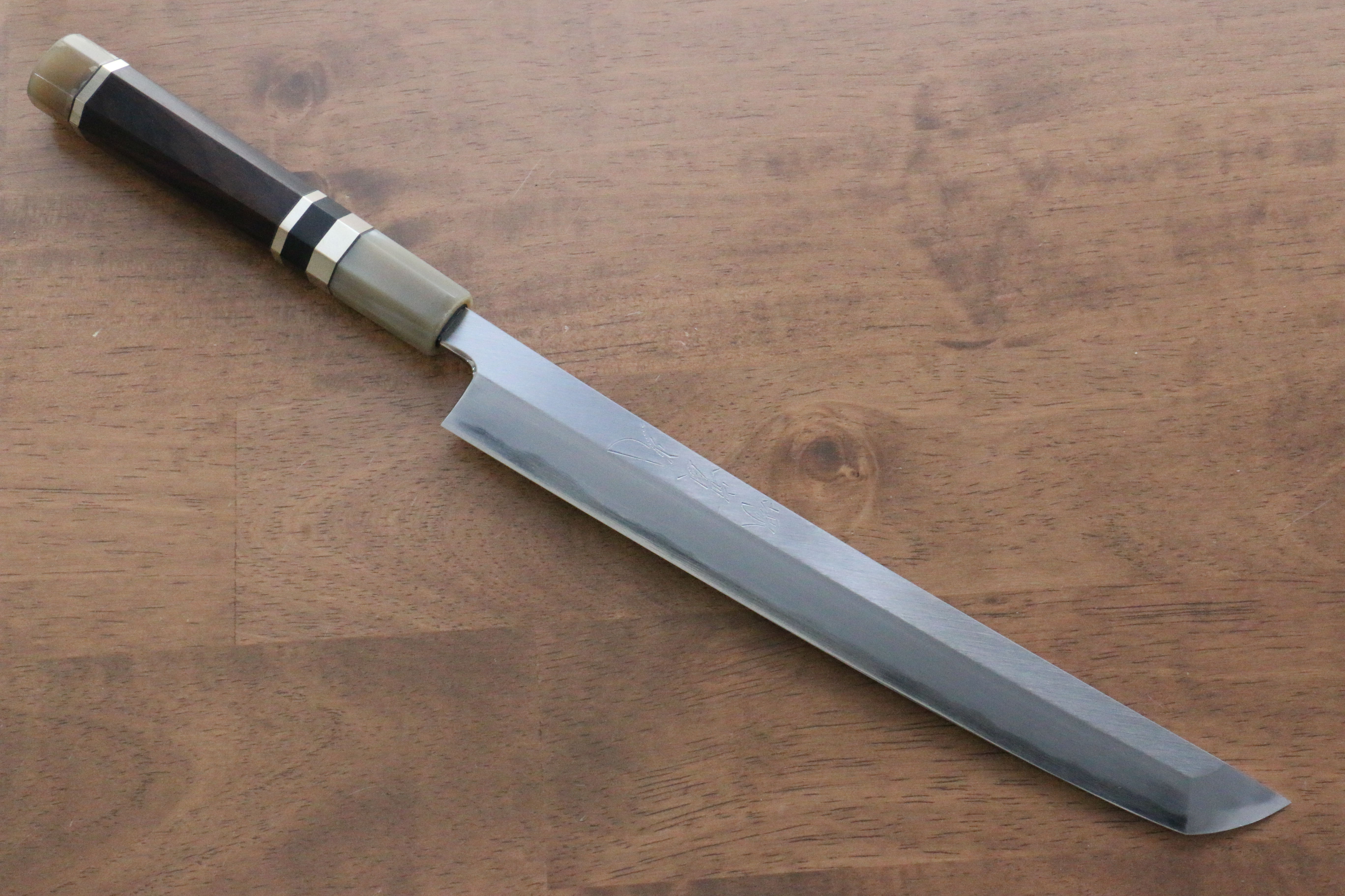 Jikko Shiko White Steel Sakimaru Yanagiba 240mm Ebony with Double Ring Handle - Japanny - Best Japanese Knife